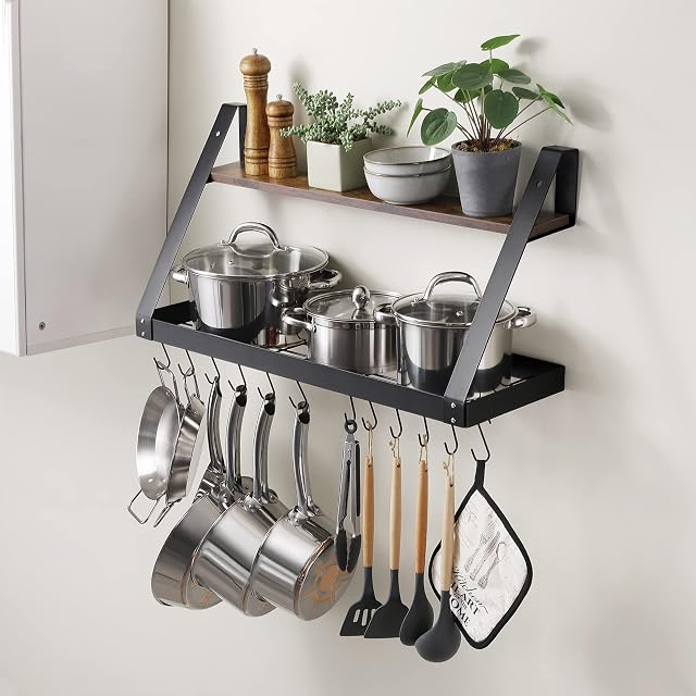 KES Pan Rack for Kitchen Hanging with Wooden Shelf, 2-Tier Pot Hanger Shelf Wall Mounted with 12 Hooks 75CM Matte Black, KUR503S75-BK