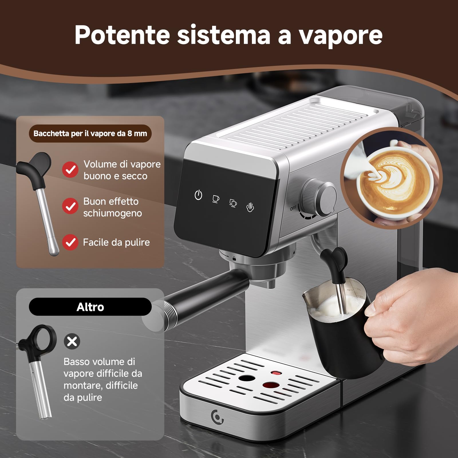 AMZCHEF Macchina da caffè con portafiltro, 20 bar con display LED, macchina da espresso 2-in-1 da casa con serbatoio removibile da 1,2L, per regali, macchina per caffè in acciaio inossidabile compatta