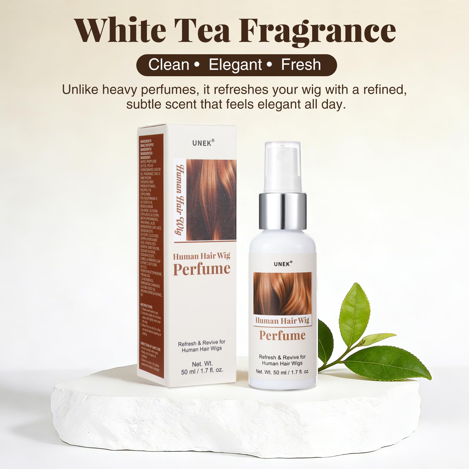 UNEK Parfum pour perruques au thé blanc – spray sans alcool, neutralise les odeurs, fraîcheur longue durée, parfum subtil pour perruques, extensions et postiches en cheveux naturels, 50 ml