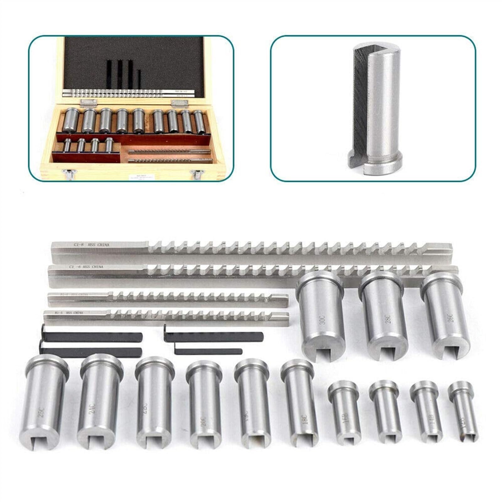 Juegos de brochas para chaveteros Juego de brochas de chavetero de 22 piezas, juegos de cuñas de buje con cuello en caja ajustada, herramientas industriales de metalurgia de Material de acero de alta