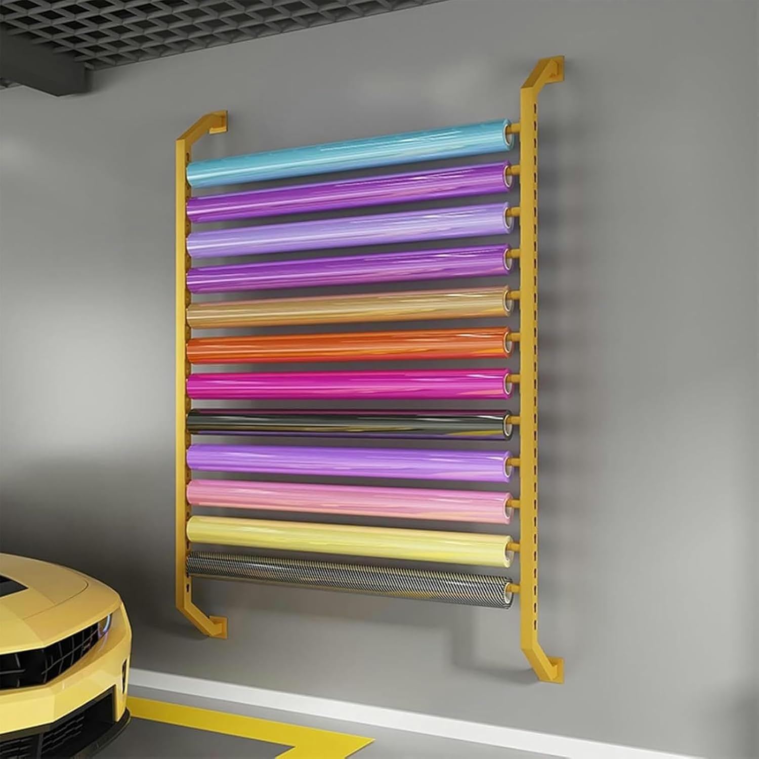 12 Roll Wall Mount Storage Rack, Car Vinyl Roll Display Holder, Heavy Duty Metal Wall Rack Automobile Film Stand for Large Sign, Wrap Material, Fabric Spool, Banner, Poster