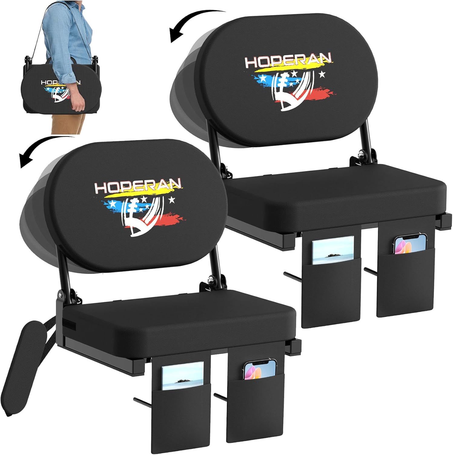 HOPERAN Stadium Seats for Bleachers with Back Support, Padded Bleacher Chairs with Back and Cushion, Folding Rotating Back Bleacher Seat, Lightweight Portable Stadium Chair with Shoulder Strap 2pc Black