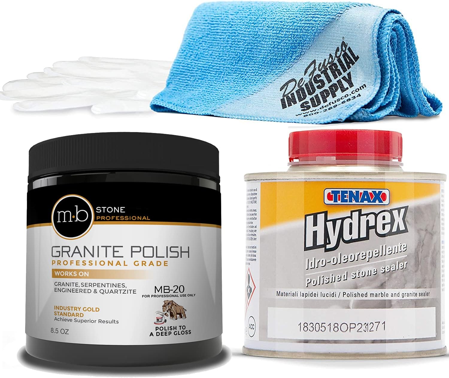 MB-20 Stone Granite Polishing Kit 8.5 Oz Granite Polishing Compound - Tenax Hydrex 1/4 Liter - 16x16 Microfiber Cloth - Gloves - Bundle - 4 Items