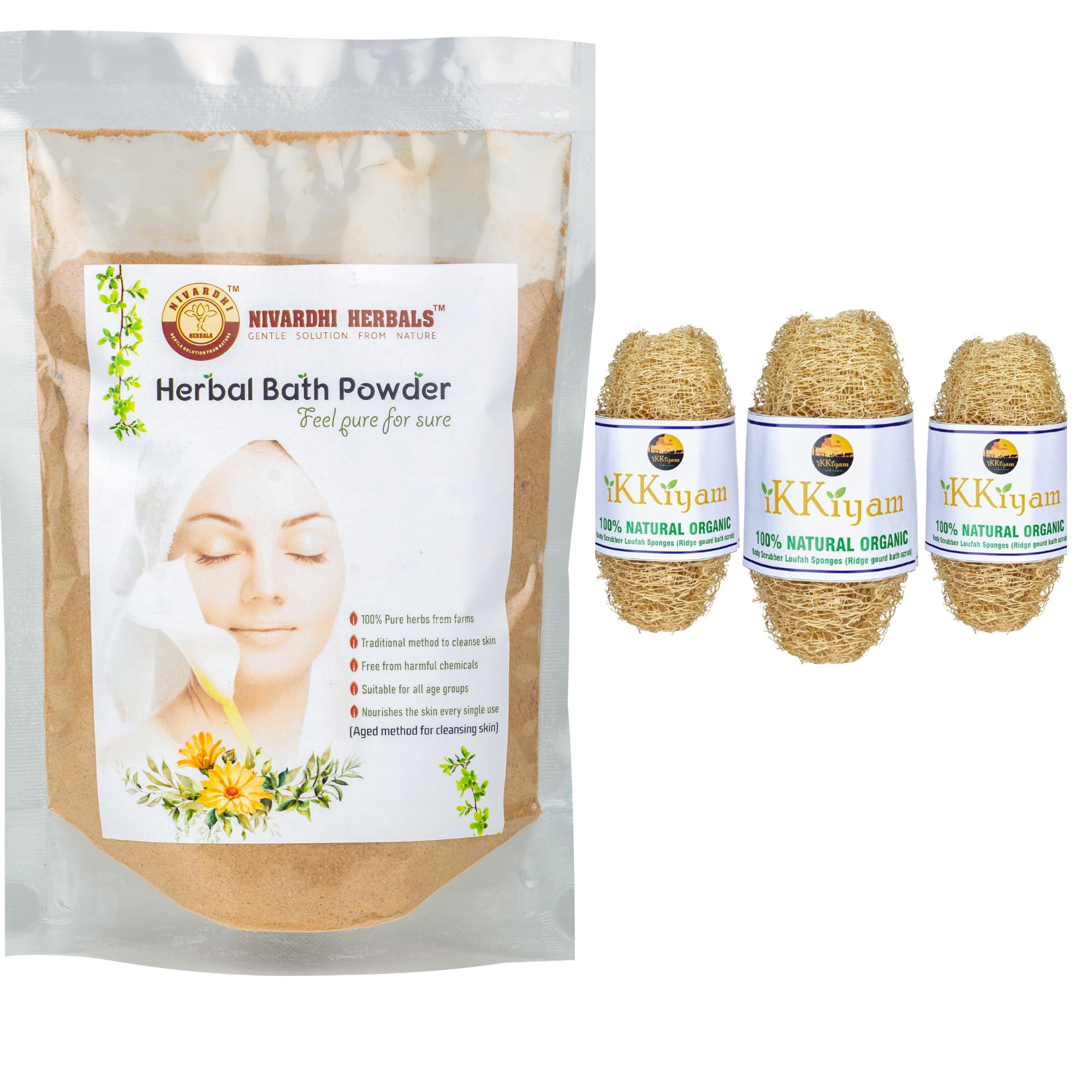 NIVARDHI HERBALS Combo Herbals Bath Powder (250g) & Ikkiyam Loofah Ridge Gourd Bath Scrub | Refreshing Bath Essentials | Chemical-Free (Pack of 3)-image-33