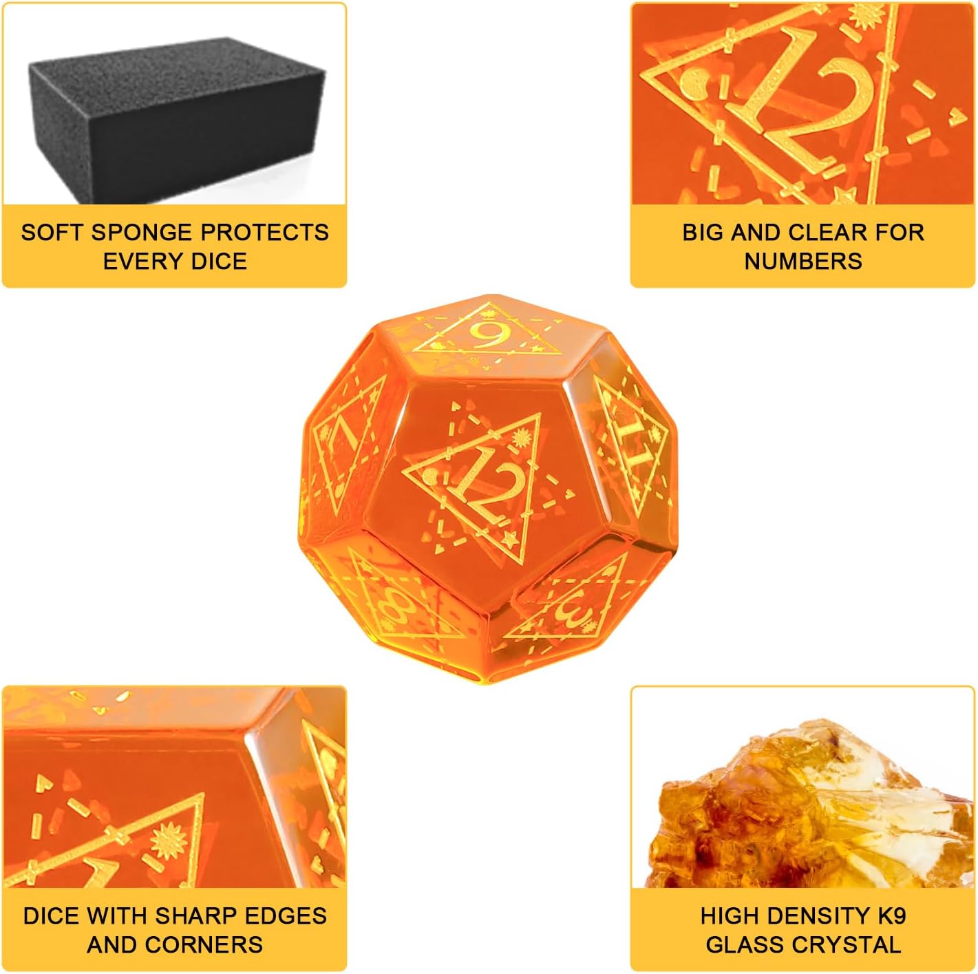 7-Piece Orange Red Artificial Crystal Polyhedral Dice Set for Dungeons & Dragons, D&D RPG Tabletop Gaming - Includes d4 d6 d8 d10 d% d12 d20 Dice with Storage Box