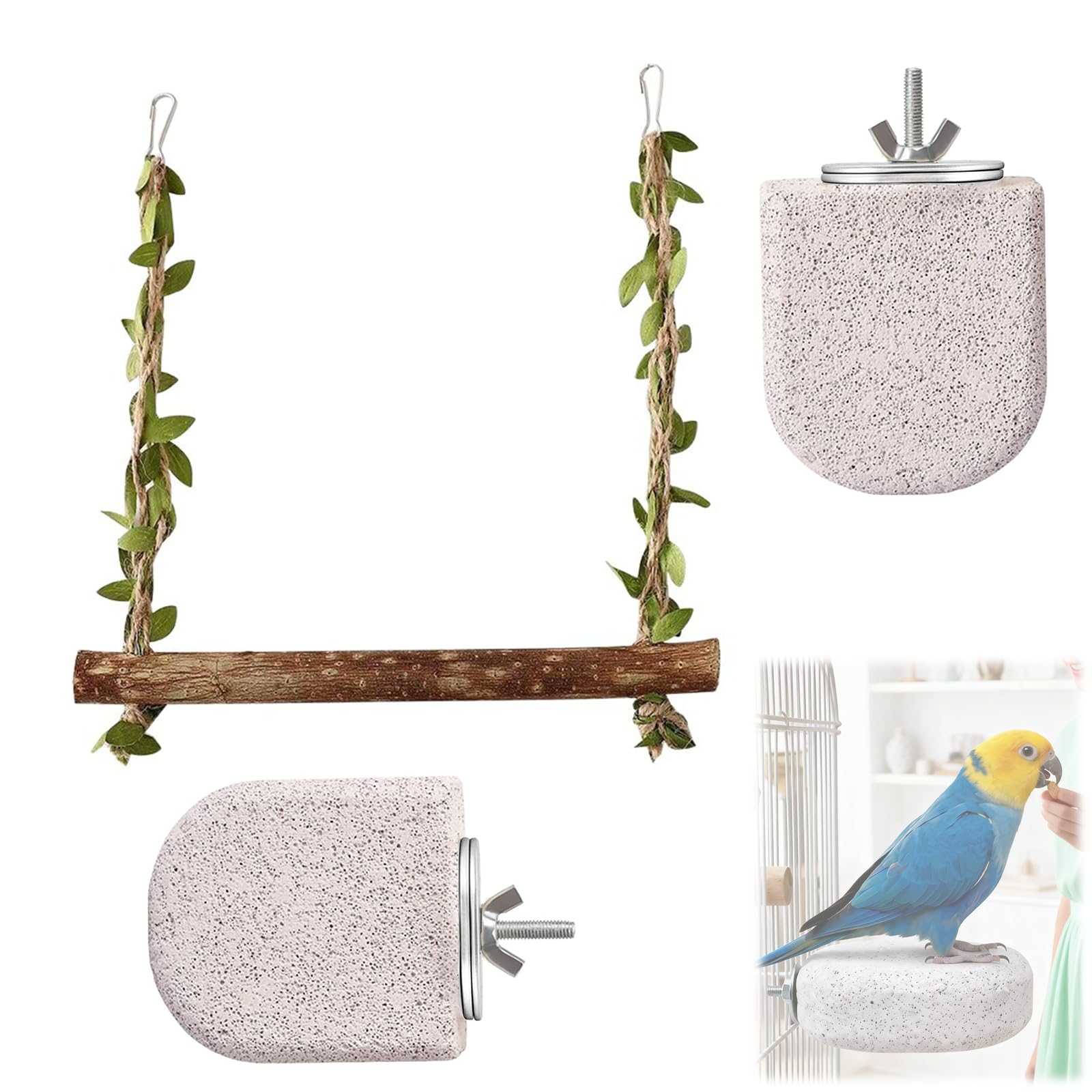 2 PCS Lava Ledges with 1 Bird Swing, Volcanic Pumice Perches for Cage, Beak and Nail Trimming Grooming Platform with Cage Clips, Budgie Cockatiel Conure Climbing Rest Stand Accessories