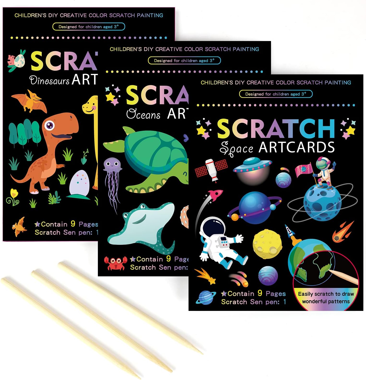 3 Set Magic Scratch Paper Art, Colorful Magic Drawing Art Book with 3 Scratch Pen for Birthday Halloween Christmas Party Games Projects Kits （Dinosaurs/Underwater World/Spaceman