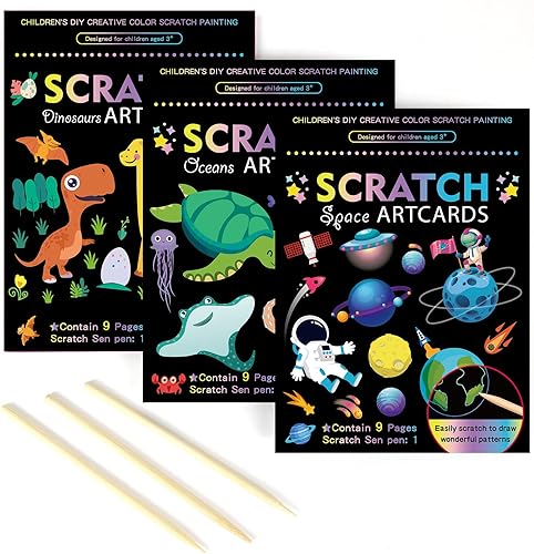 OPUHOHR Juego de 3 juegos de arte mágico de papel para rascar, colorido libro de arte de dibujo mágico con 3 bolígrafos para rascar para cumpleaños,