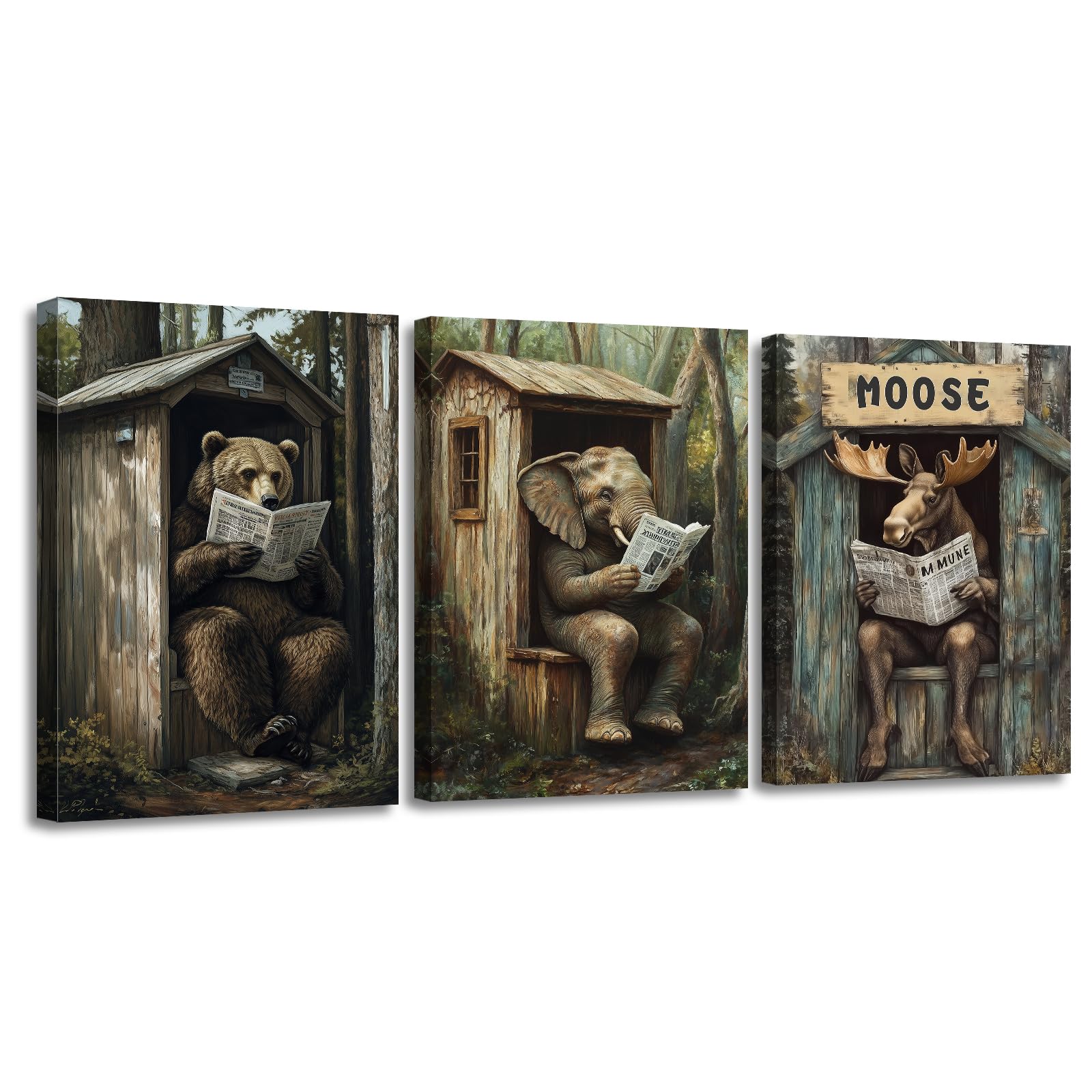 ZXHYWYM Forest Animal Wall Art Wildlife Bathroom Wall Decor Bear Elephant Moose in Outhouse Toilet Poster Funny Bathroom Painting Prints Rustic Farmhouse Decor (60x90cmx3 Pieces)