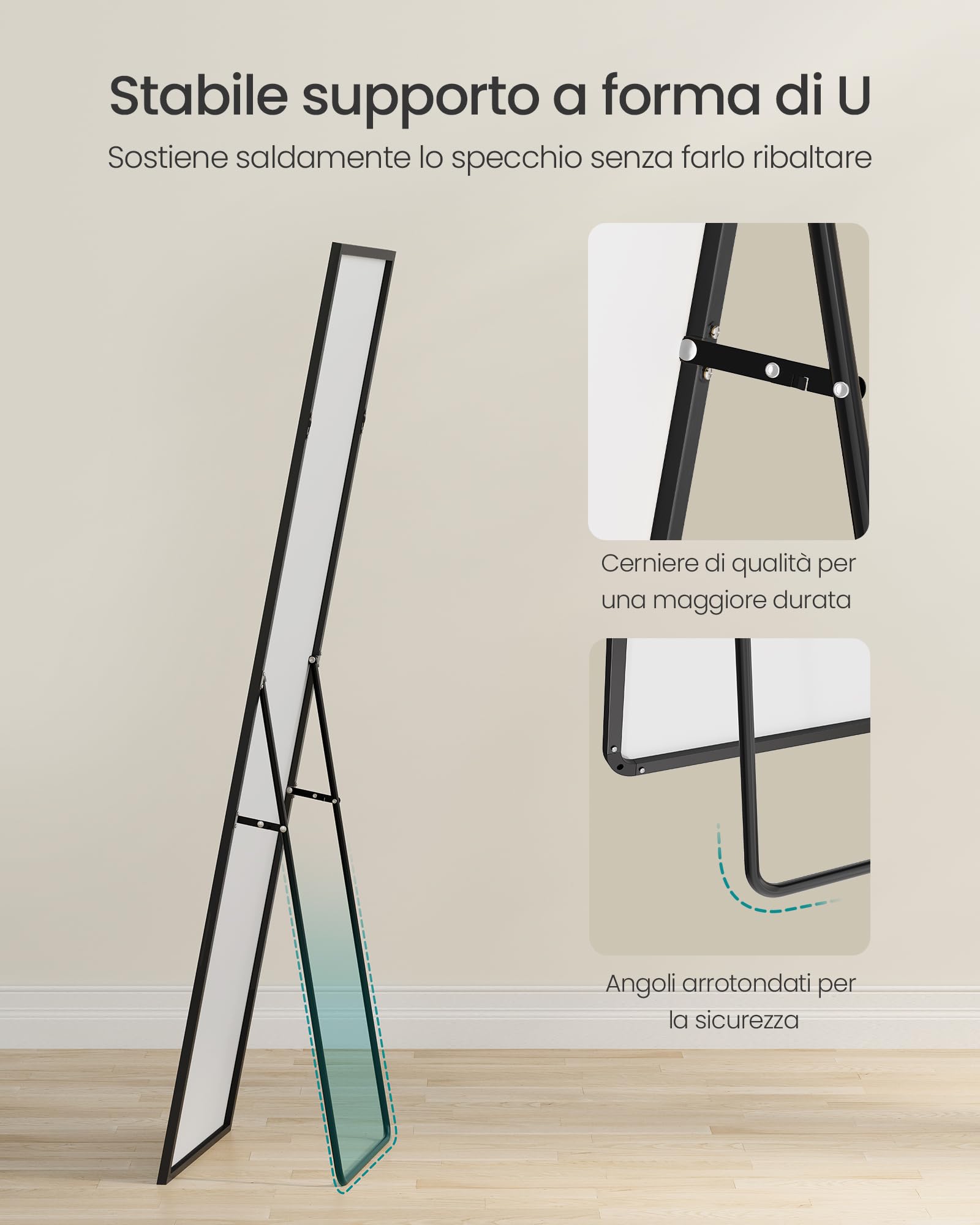 SONGMICS Specchio a Figura Intera, 150 x 40 cm, Specchio da Terra Rettangolare con Supporto, Cornice in Lega di Alluminio, Vetro Temperato, Camera da Letto Soggiorno, Nero Inchiostro LFM054BD01 | Telaio in Lega di Alluminio, Acciaio, Vetro a Specchio, Ang