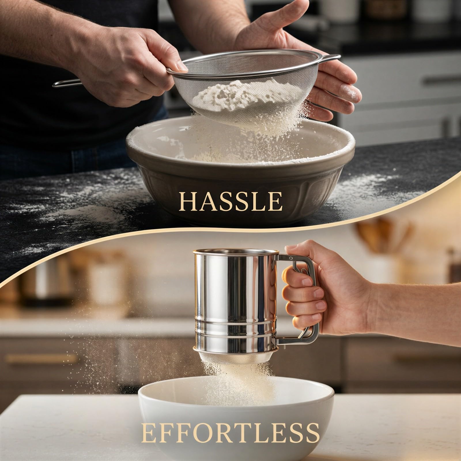 3er-Set Mehl- und Pulversiebe aus Edelstahl, 20-Mesh-Doppelsieb mit Druckhebel, Bechersieb, Puderzucker-Streuer und Langsieblöffel für Kuchen, Brot, Kakao, Gebäck und Desserts