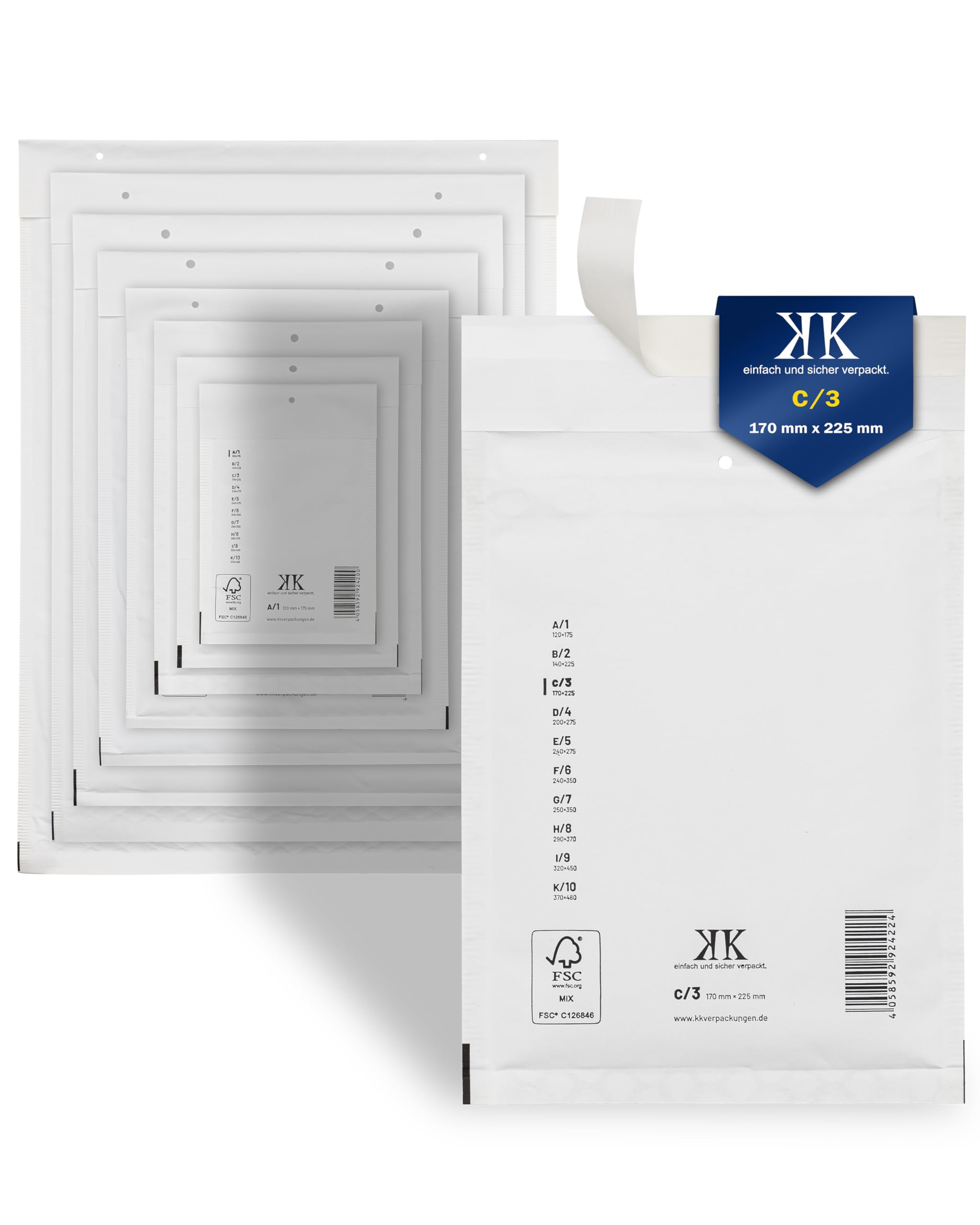 KK Verpackungen 600x Luftpolster-Versandtaschen C3 C/3 170 x 225 mm (Außenmaß) in Weiß | Luftpolsterumschläge Luftpolstertaschen selbstklebend für DIN A5+