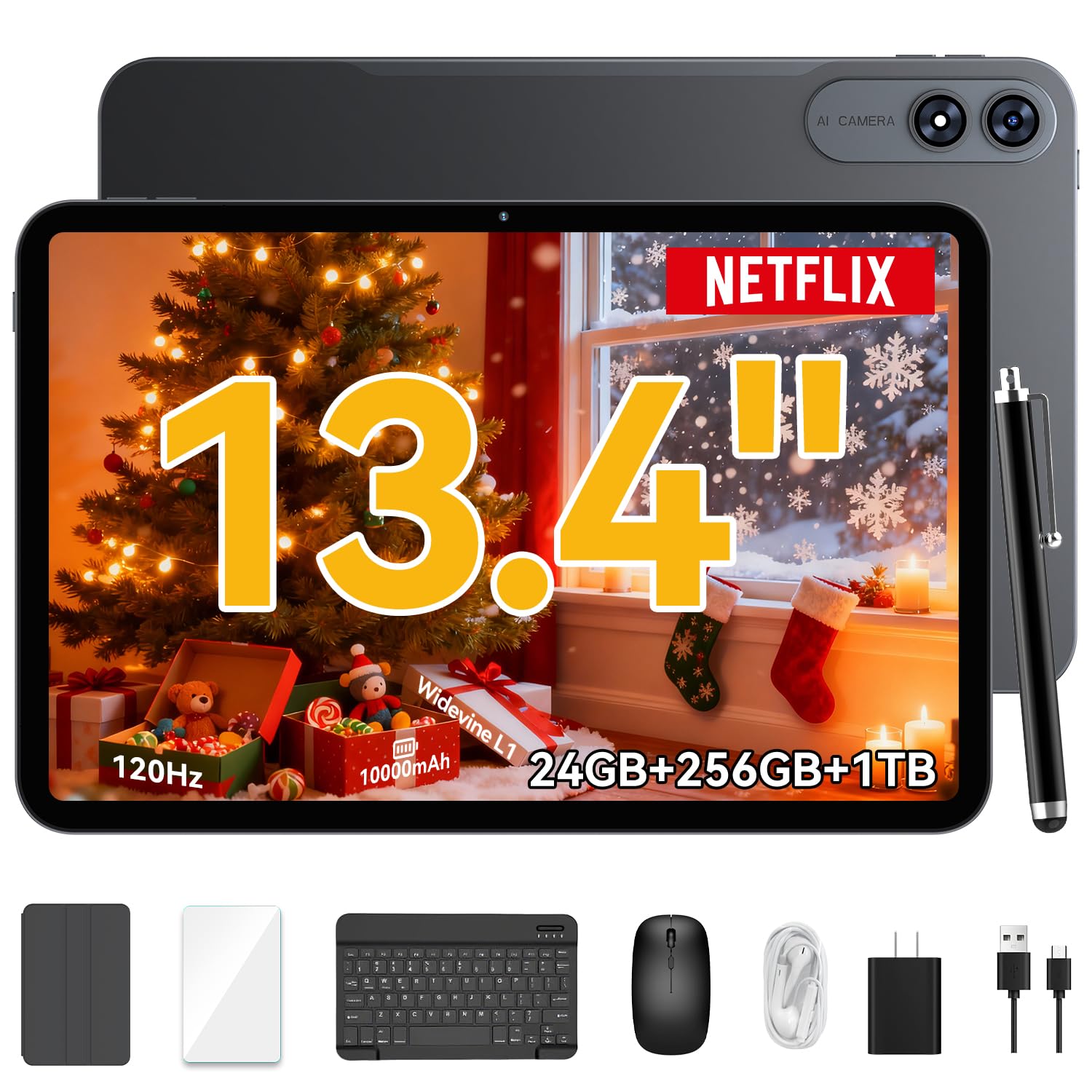 13.4 inch Large Screen Tablet with Keyboard and Pen, Android 15