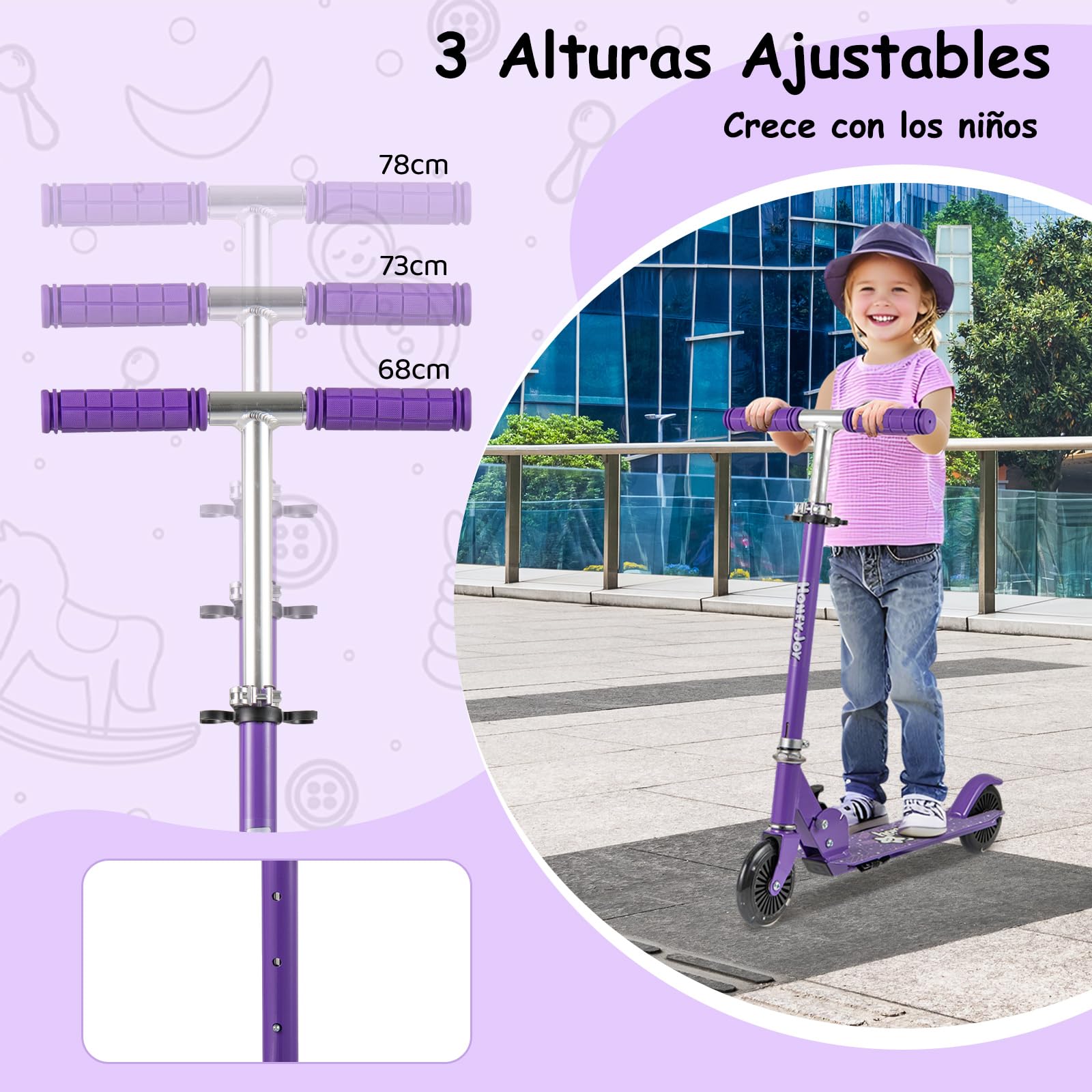 COSTWAY Patinete para Niños, Patinete con 2 Ruedas Intermitentesφ120 mm, Manillar Ajustable y Sistema de Freno Trasero, Scooter LED para Niños Más de 3 Años, 50 kg