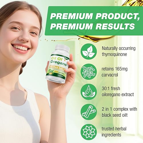 Miniatura 5 de Aceite de orégano con aceite de semilla negra 400 cápsulas de aceite de orégano orgánico, apoyo inmunológico y digestivo, apoyo antioxidante, a