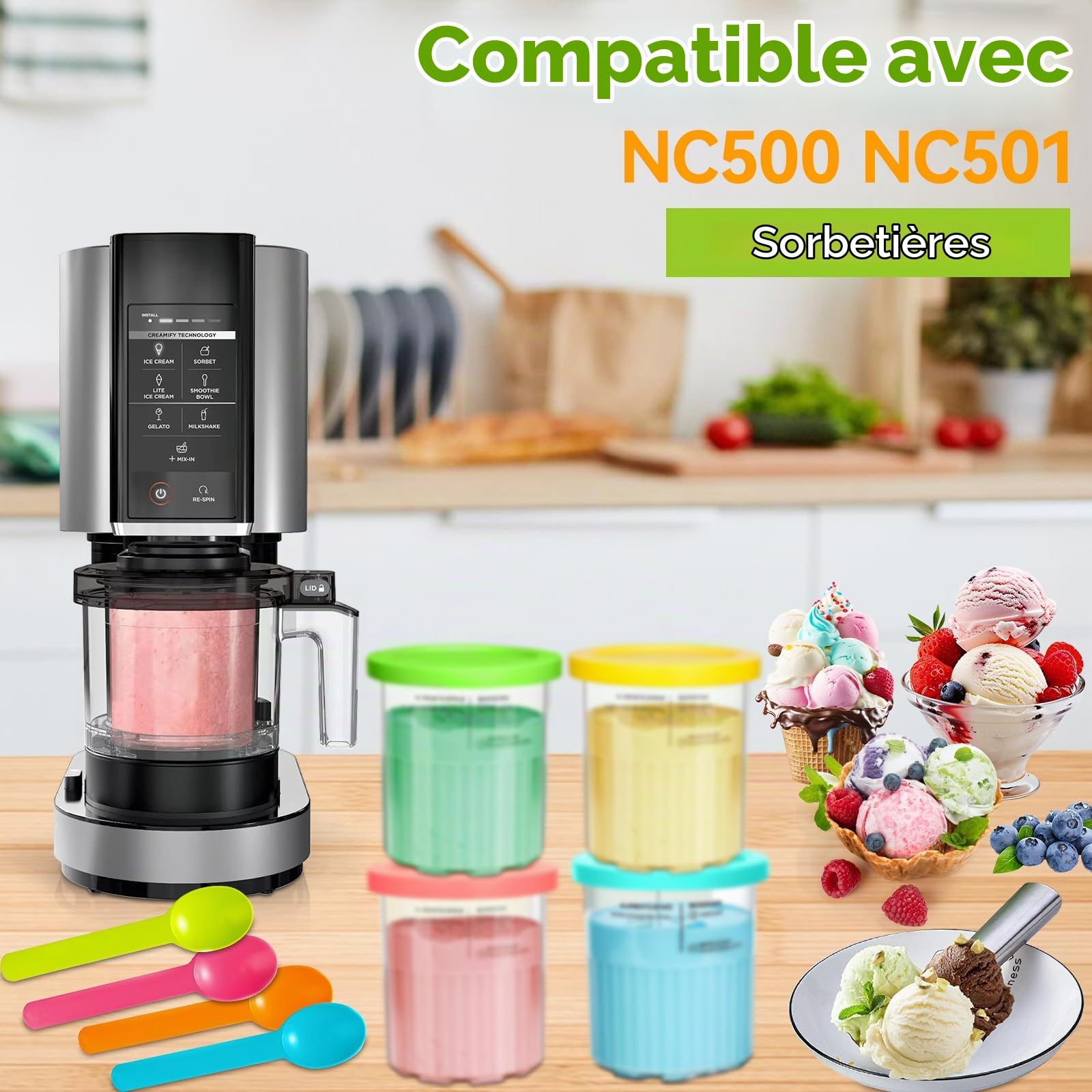 4PCS Pot pour Ninja Creamy Deluxe,680 ML Récipient pour ninja Creami pour NC500 NC501,Bacs À Crème Glacée avec Couvercle Et Cuillère,Accessoires per macchine del gelato