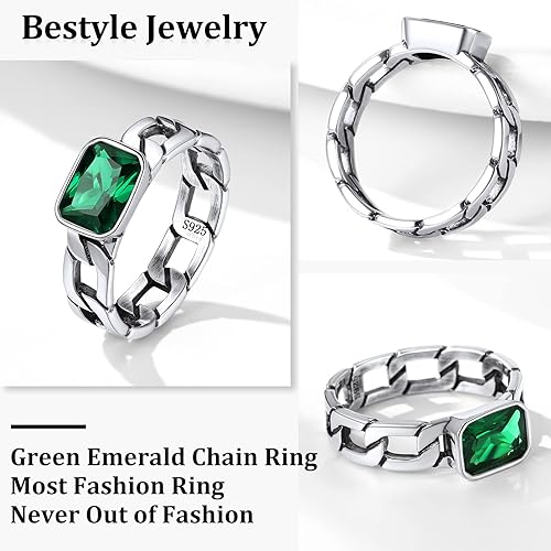 Miniatura 2 de Bestyle Simple Sterling Silver Ring for Women Men - Cuban Link Chain Rings with Black Onyx Emerald-Fashion Thumb Index Pinky Finger Ring Every Day