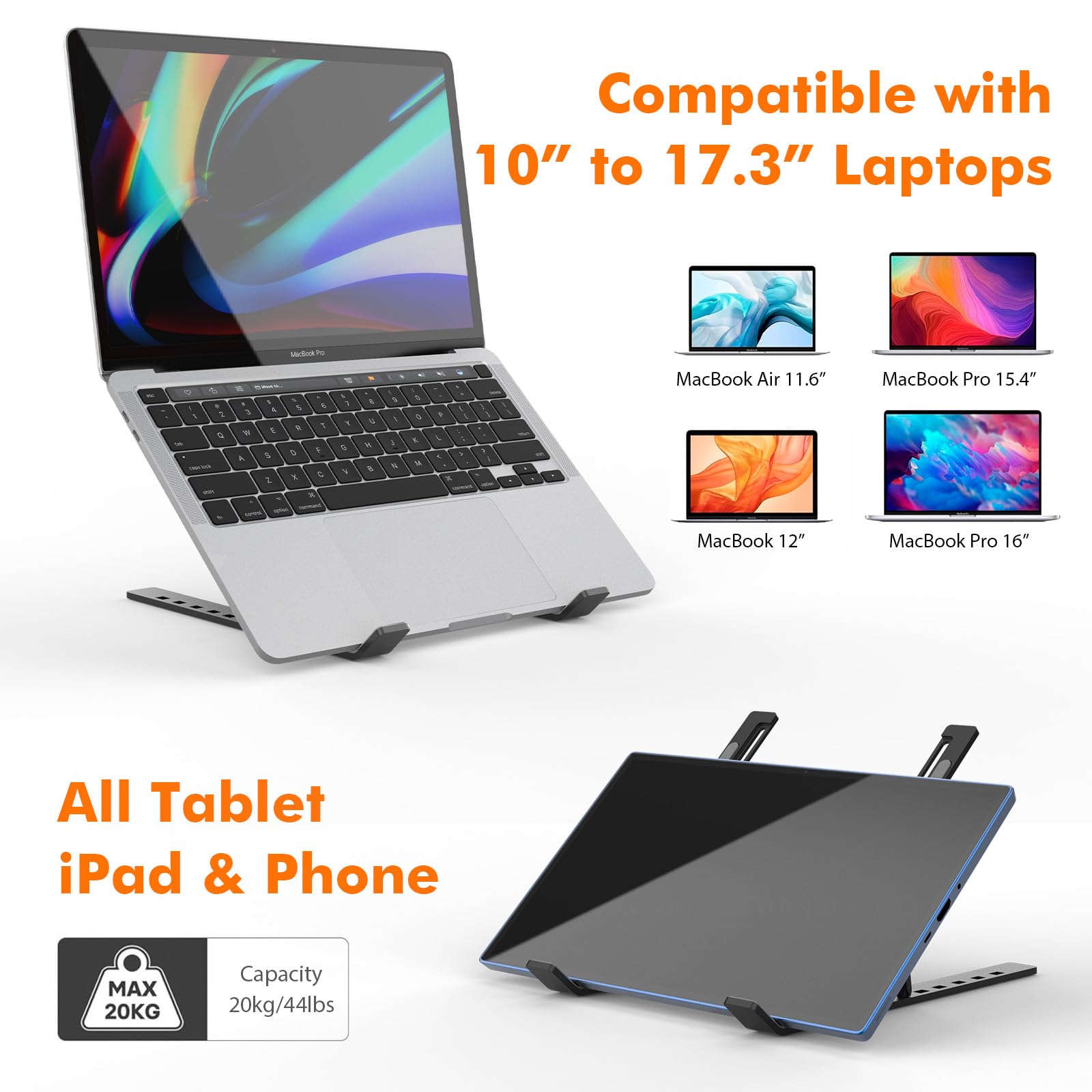 GRIFEMA GB1054B Supporto PC Portatile, Alluminio, Antiscivolo, Regolabile a 6 Angolazioni, Laptop Stand Compatibile con Laptop da 10-17,3 Pollici e Tablet - Nero