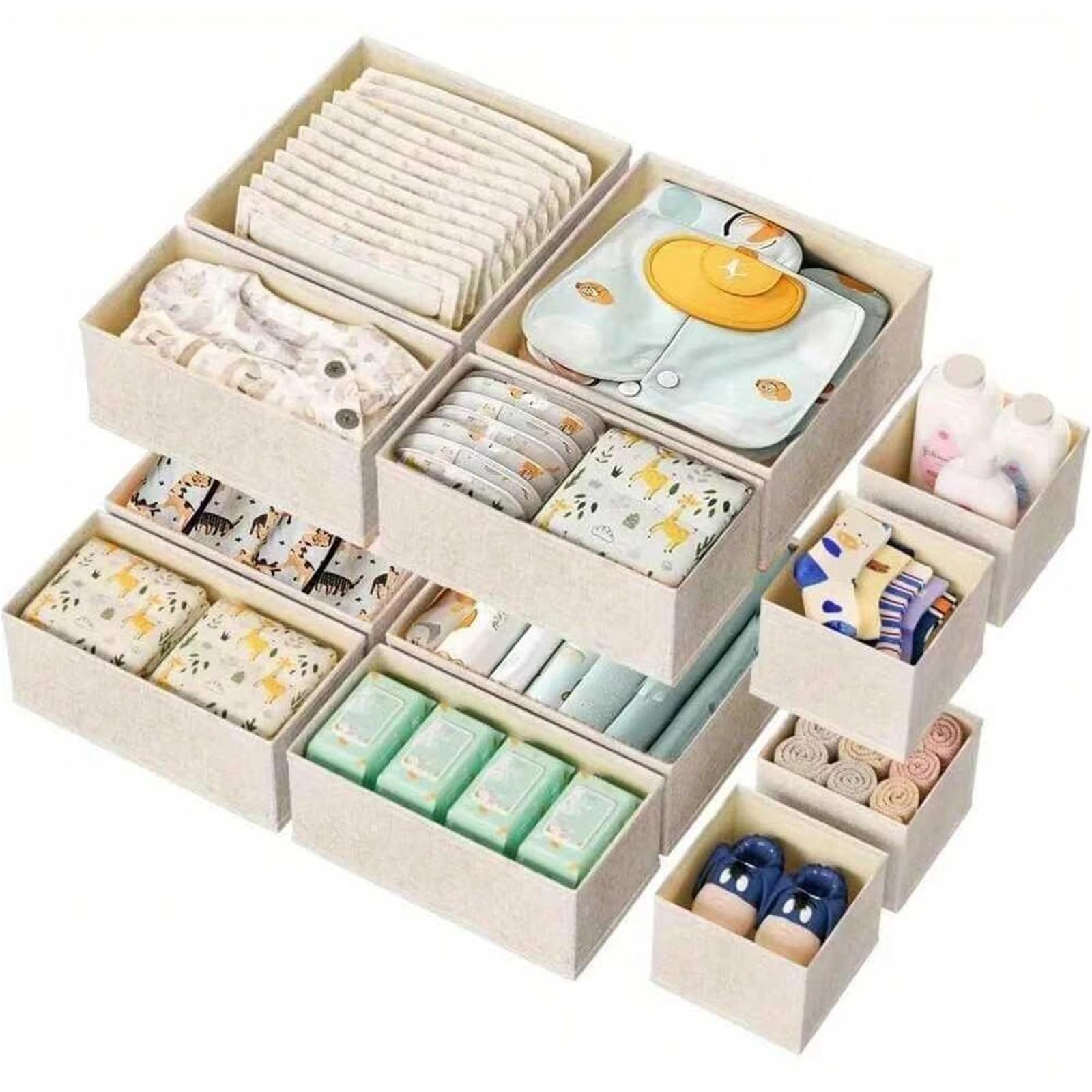 Organizador Calcetines Juego de organizador de ropa interior plegable de 6/12 piezas • Cajas de almacenamiento duras(12 pcs beige)