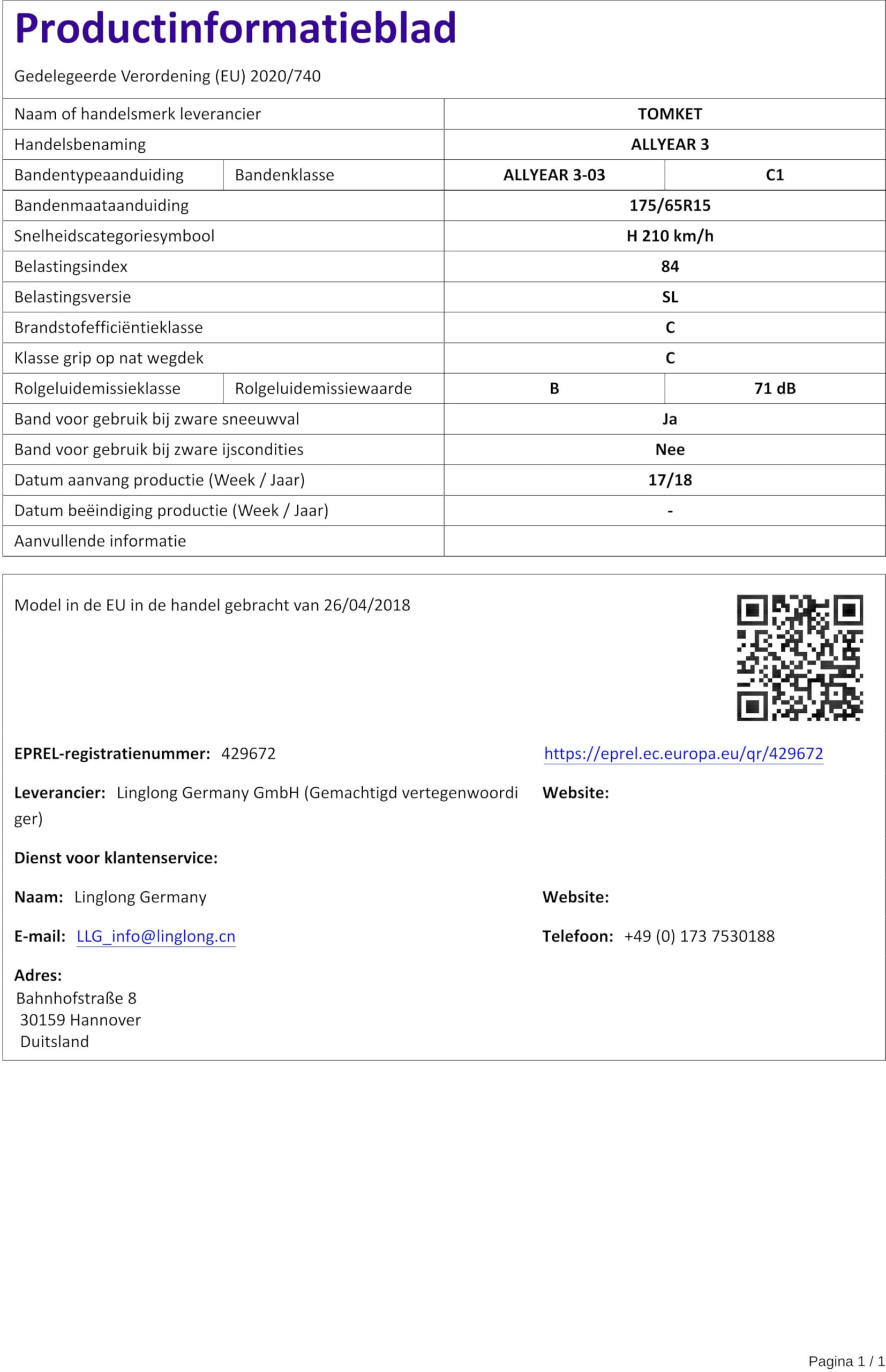 TOMKET ALLYEAR 3 175/65/r15 84 H