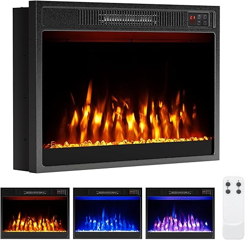Tangkula Chimenea eléctrica de 23 pulgadas, inserto de chimenea de 5,000 BTU con control remoto, piedras de cristal, color de llama ajustable y