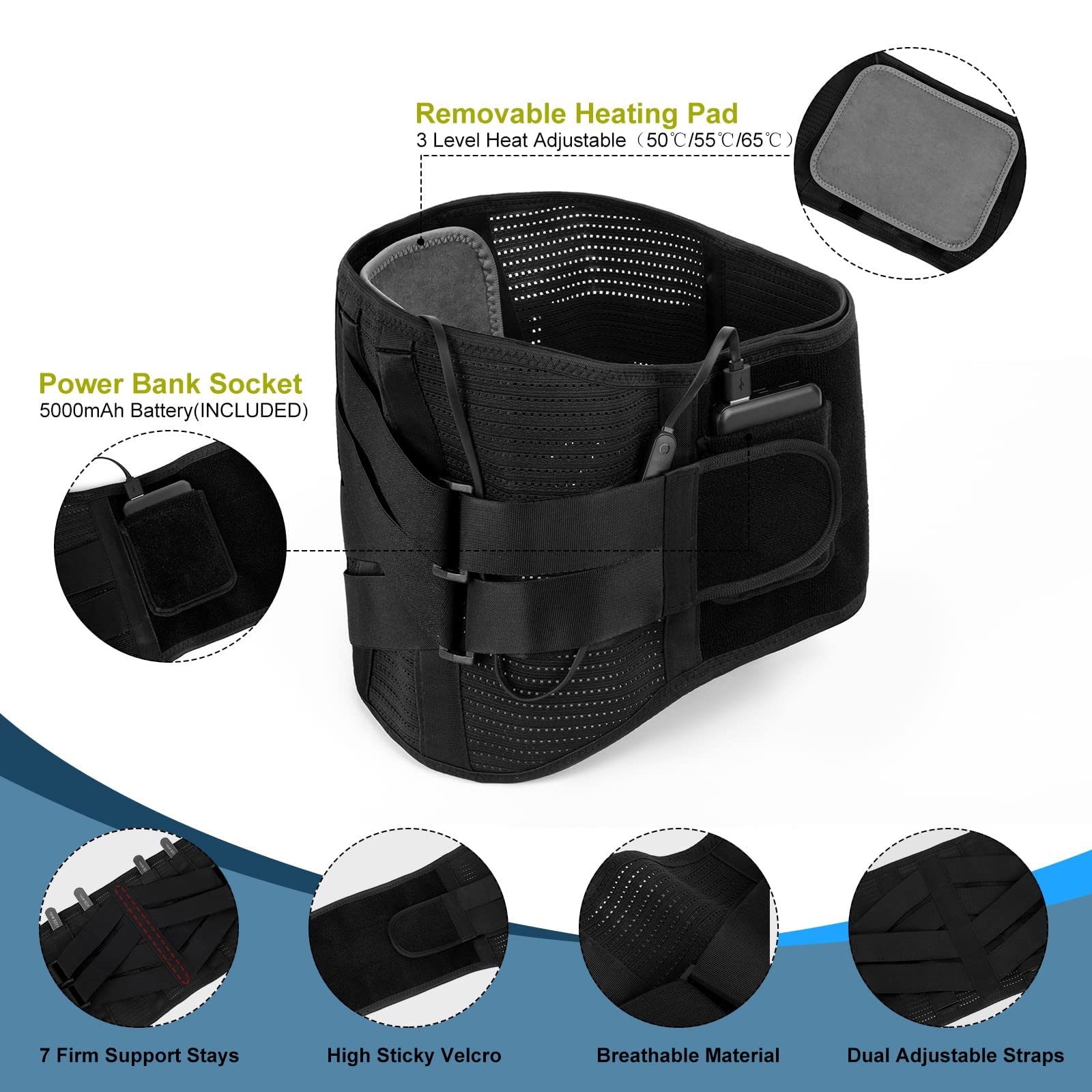 Refuerzo Trasero Calentado para El Alivio del Dolor De Espalda Baja Soporte Lumbar Cinturón Compresión Calefacción Hombres Mujeres Recargable para Hernia Disco Y Alivio Dolor Escoliosis (Color : Blac