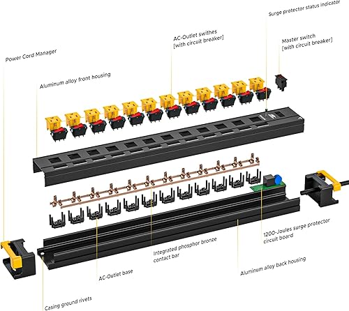 Miniatura 7 de CRST Regleta de alimentación larga de 12 tomas, cable de 9 pies de metal para montaje en pared, regleta de alimentación con interruptores Negro