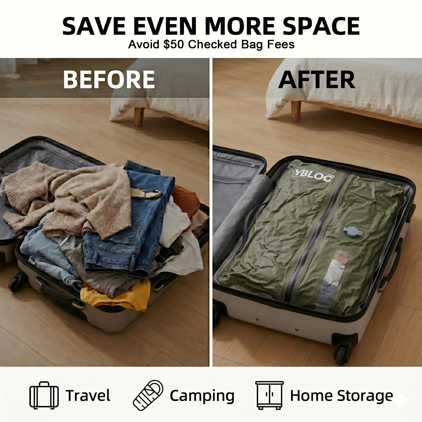 YBLOC Wiederverwendbare Vakuum-Reisebeutel mit Pumpe, 24 l, platzsparende Kompressionsbeutel, IP67 wasserdicht und langlebig, TPU-Vakuumbeutel für Gepäck, Handgepäck und Reiseabenteuer (2 Stück/24 l +