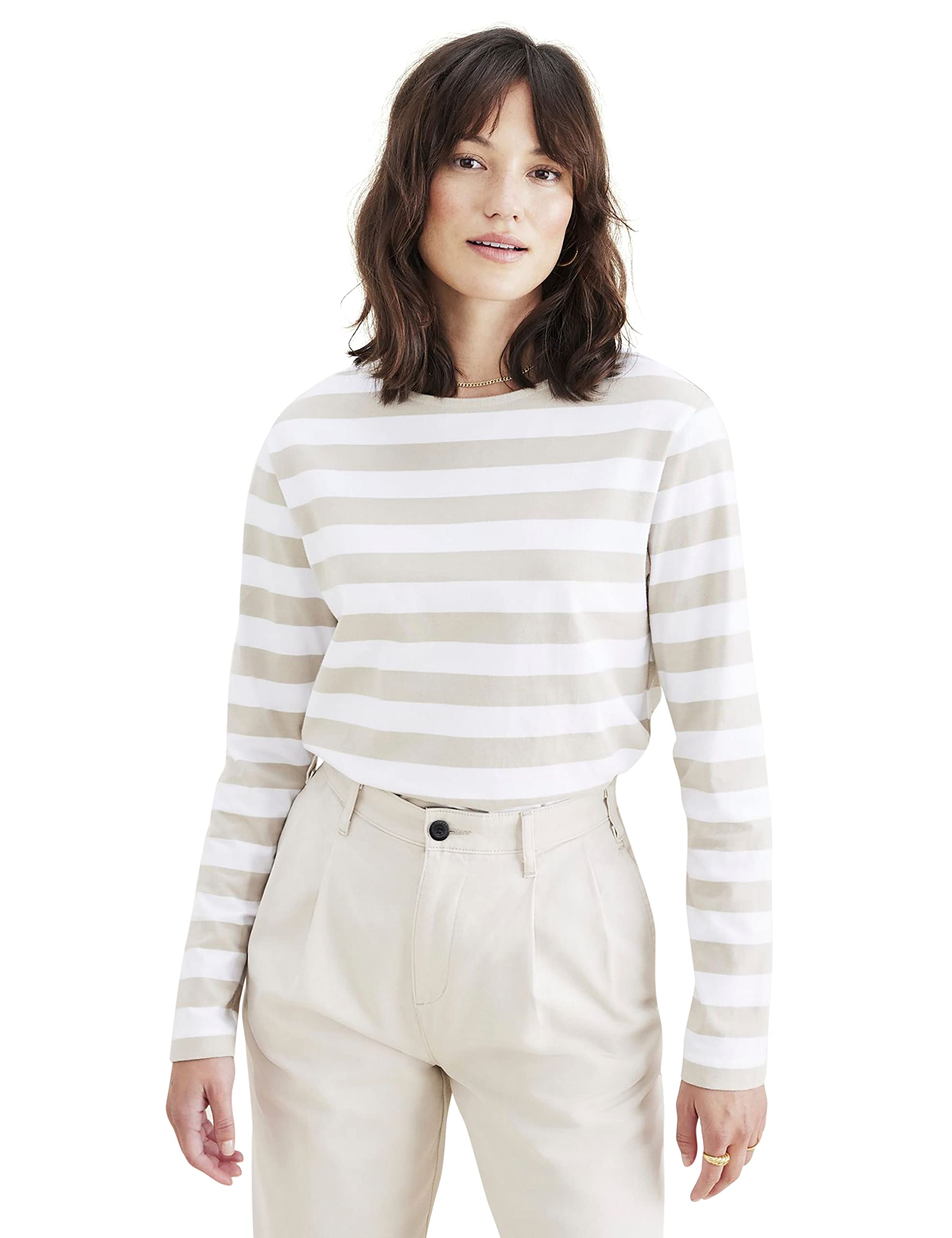 Dockers Damen Ls Boatneck Tee T Shirt, Pismo Sahara Khaki Stripe, XS EU