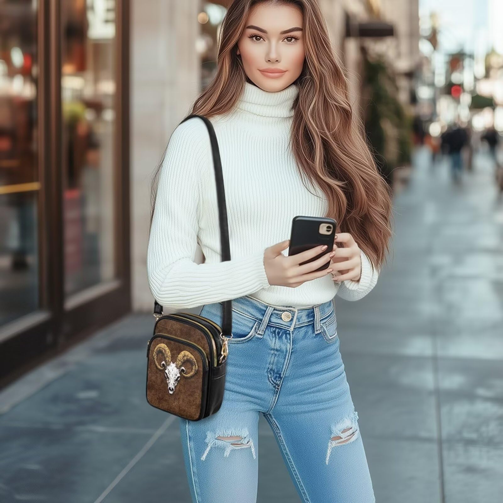 Ram Skull Crossbody torby na ramię dla kobiet małe stylowe torby na telefon komórkowy trójwarstwowa torba crossbody brązowa torebka na ramię z regulowanym paskiem do podróży