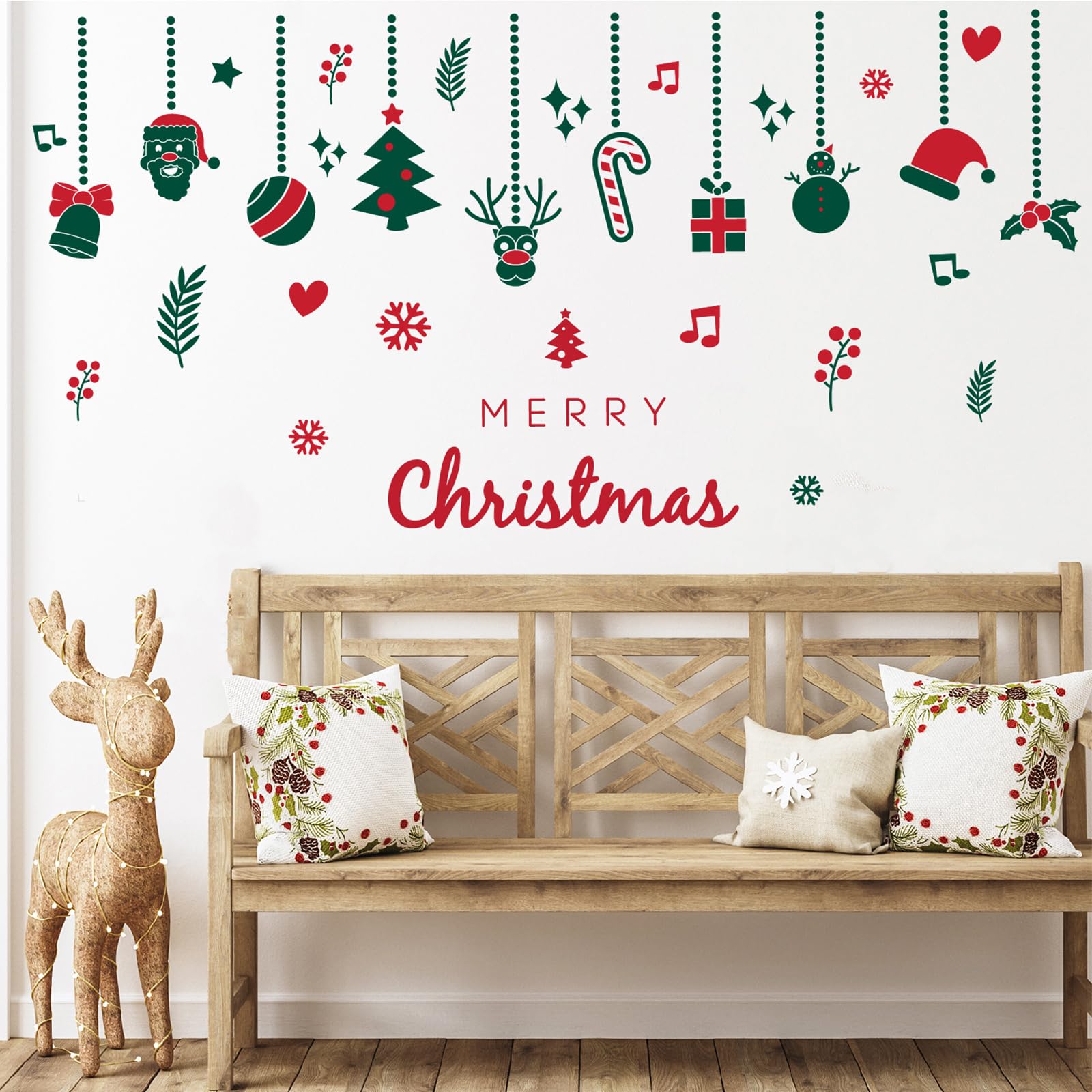 Christmas Wall Decals Peel and Stick, Removable Hanging Ornaments & Holiday Decorations with Santa, Reindeer, Christmas Tree - Image 2