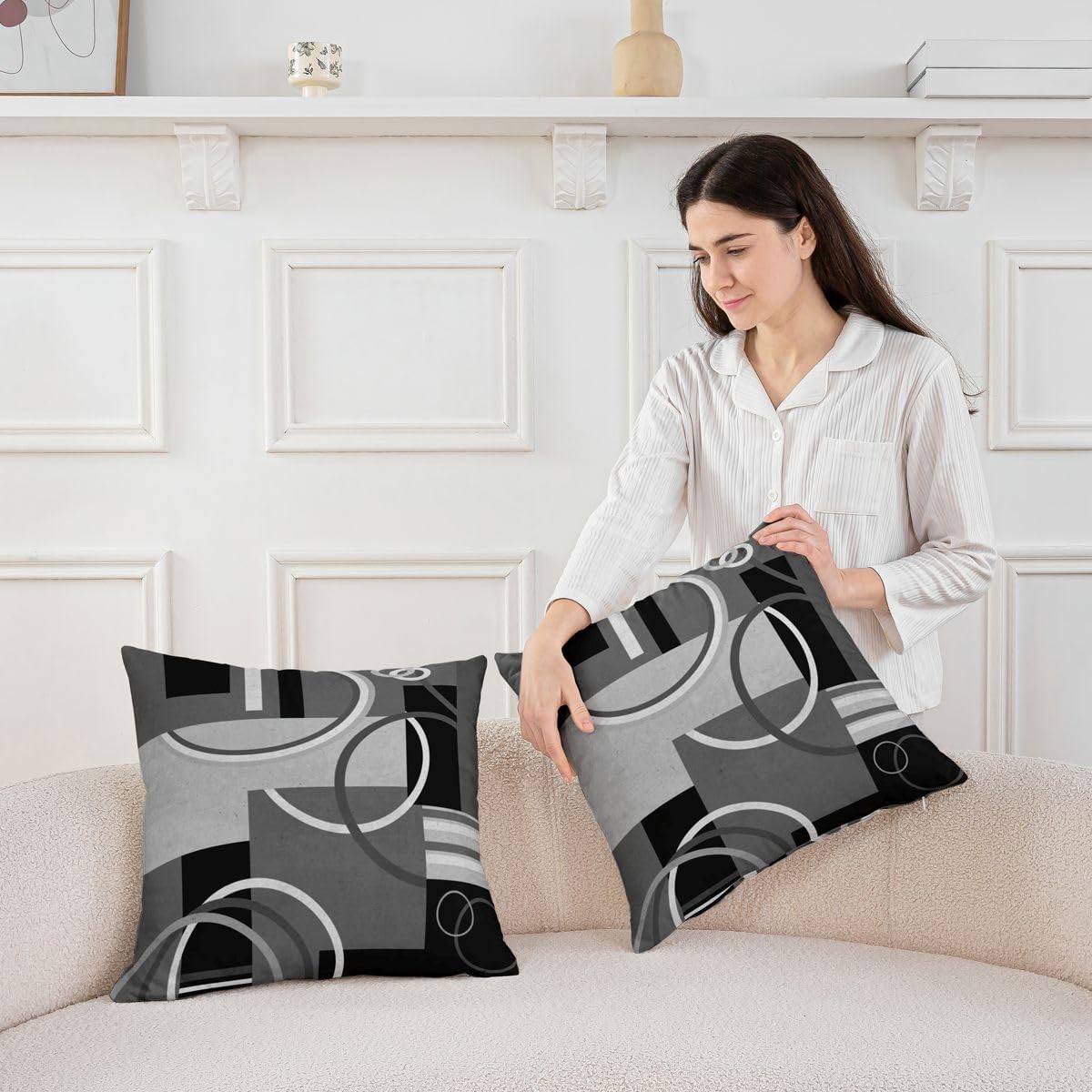 Circles Pillow Covers Modern Grey Black White Throw Pillow Covers 24x24 Set of 2 Abstract Swirls Square Cushion Covers Geometric Stripe Modern Creative Decorative Pillow Covers Bedroom Decor