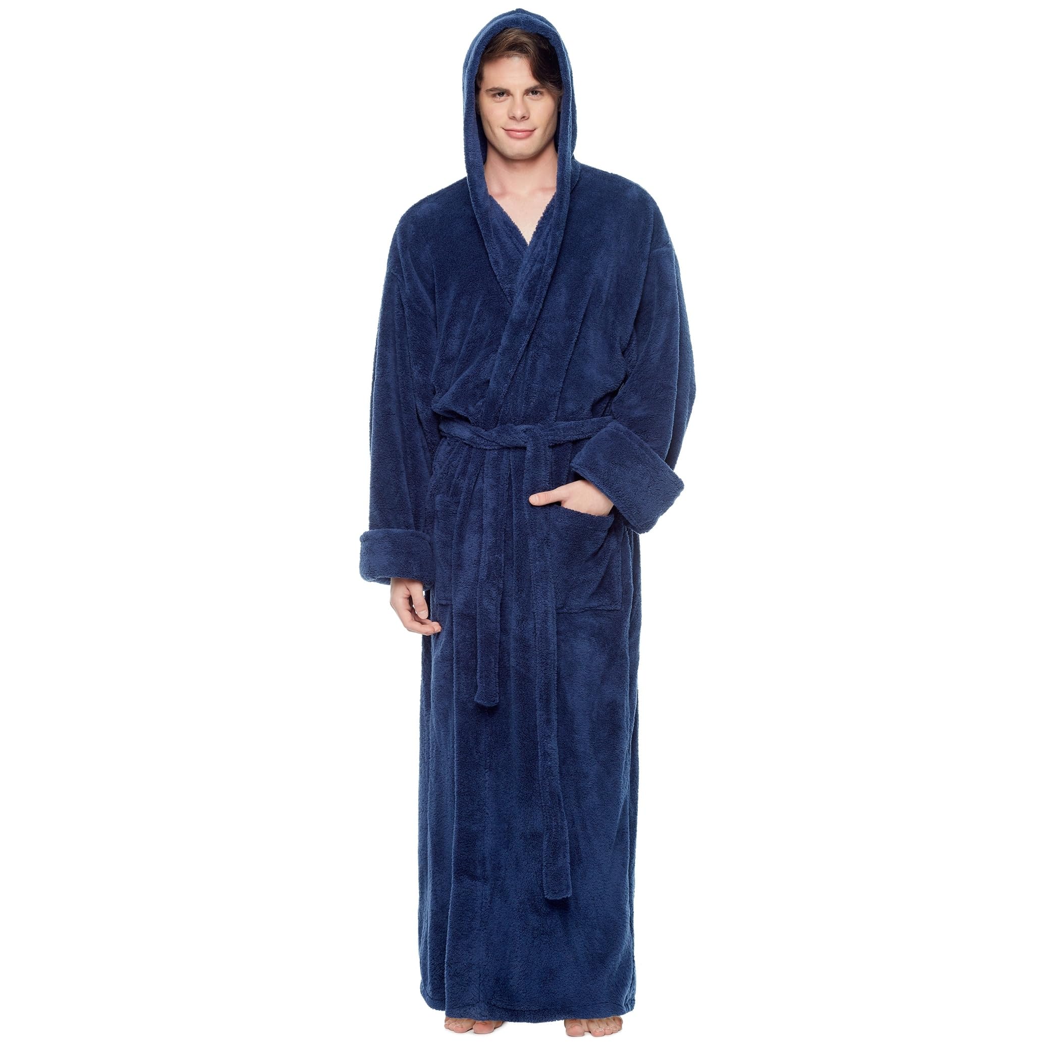 Men's Hooded Soft Plush Fleece Bathrobe Full Length Robe Navy Blue L-XL Ankle Length