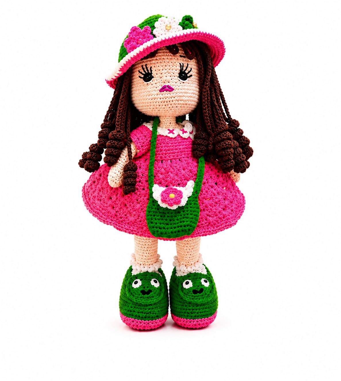 handmade crochet doll for girls, 43 cm amigurumi soft toy, pink cotton yarn doll