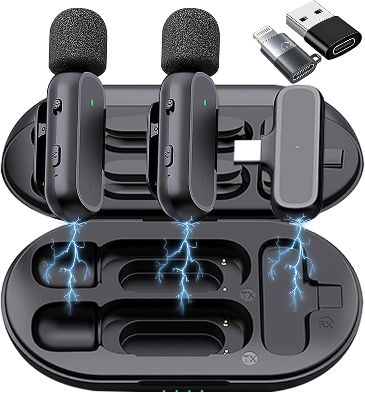 2 Pack Professional Wireless Lavalier Microphone for iPhone iPad Android with Charging Case Noise Reduction Plug-Play Clip on Lapel Mic for Video Recording Vlogging, YouTube, Interview, Live Streaming