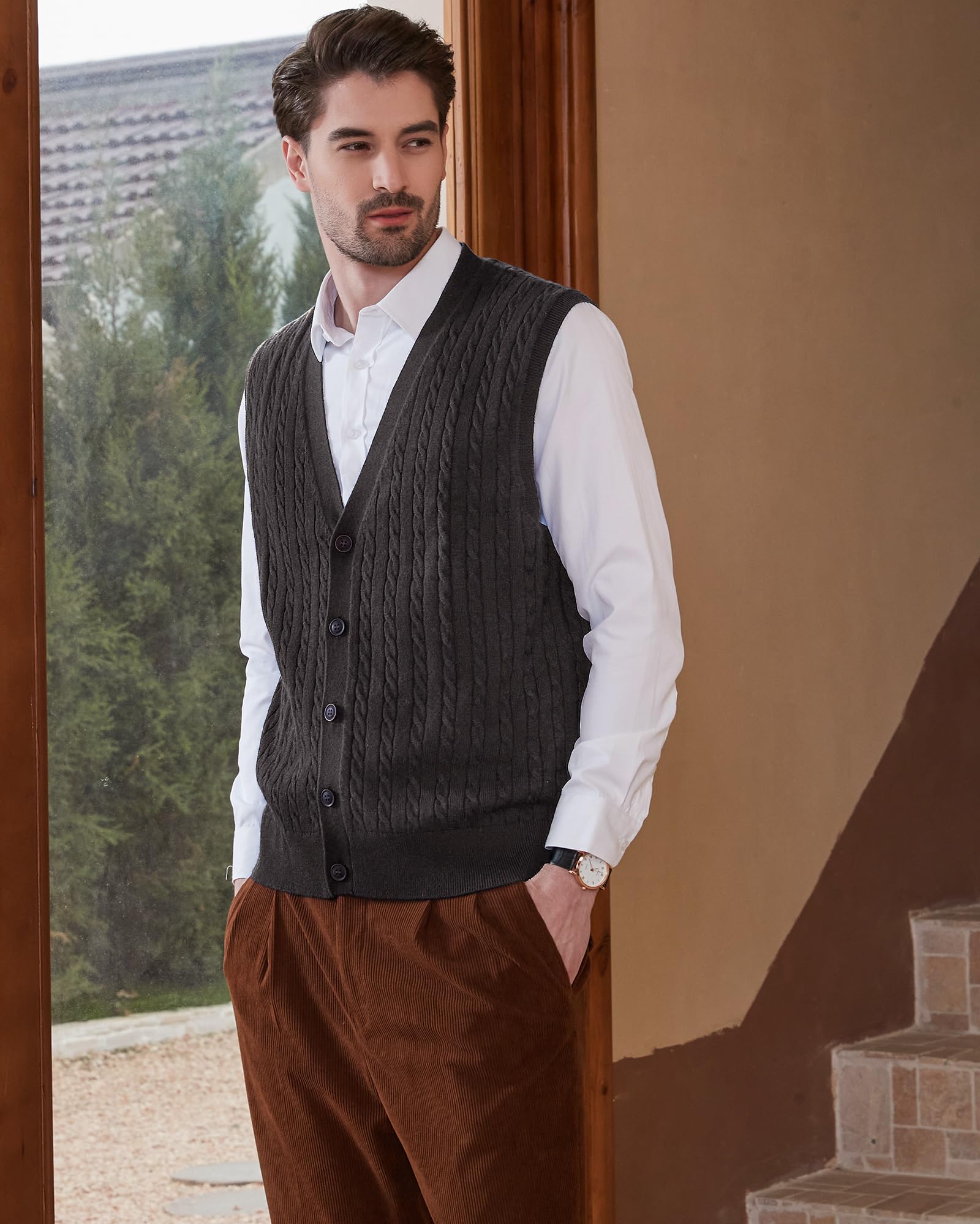 Kallspin Maglione Cardigan da Uomo con Scollo a V e Lavorazione a Cavo con Bottoni in Misto Lana