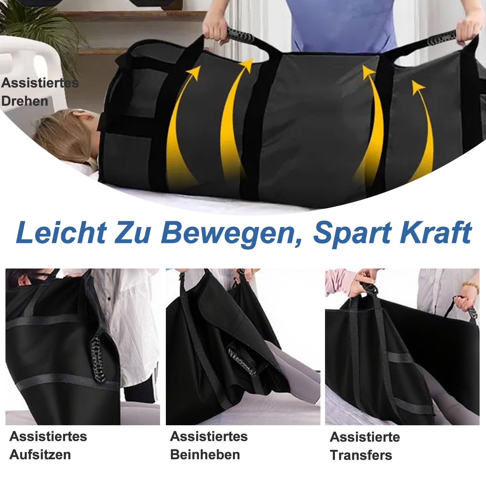 Gleittuch für Bettlägerige 100*120cm,Rutschtuch Pflege mit 6 Griffen,Transferboard für Patientenlifter für Ältere & Bettlägerige Patienten,Gleitmatte Pflege Wiederverwendbar und Abwaschbar (Schwarz)