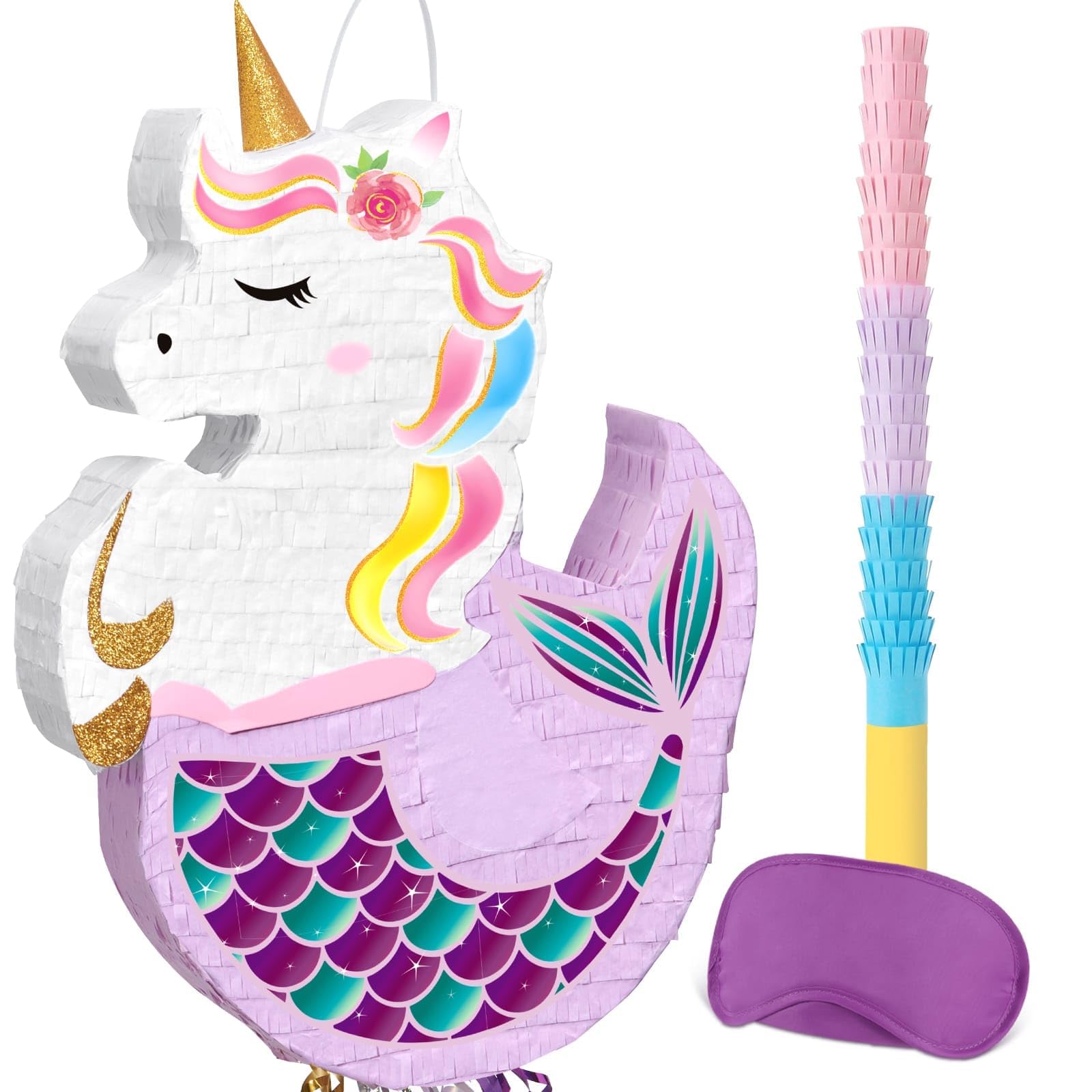 WERNNSAI Unicorn Mermaid Pinata - Purple Mermaid Party Decorations for Unicorn Birthday Under the Sea Pinata with Stick and Blindfold Fantasy Magical Unicorn Party Supplies Baby Shower