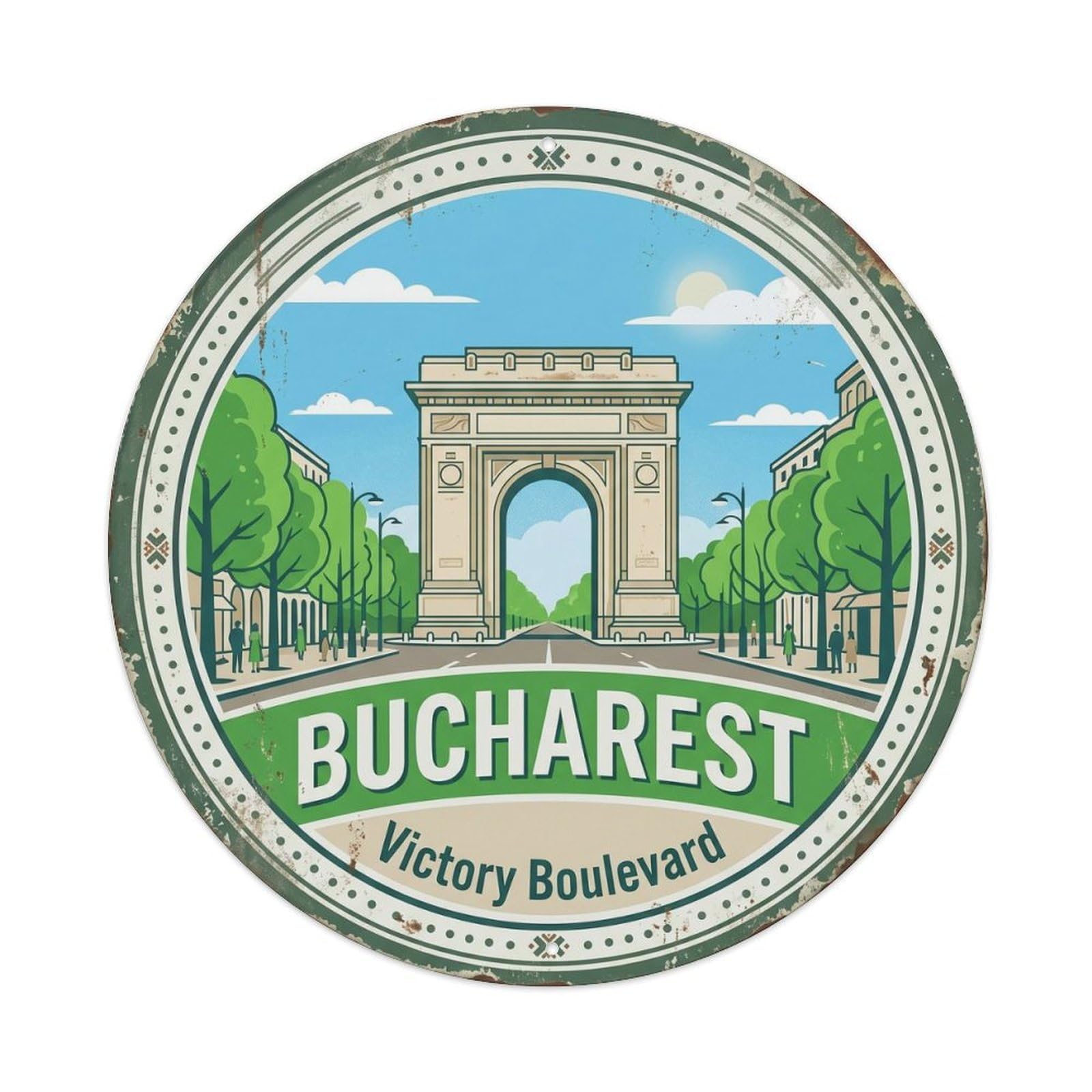 Cmhok Vintage Style-27 Vintage Travel Bucharest Triumphal Romania Artwork Metal Tin Sign Plaque Wall Decor For Cafe, Club, Garden Round Metal Poster 8X8inch