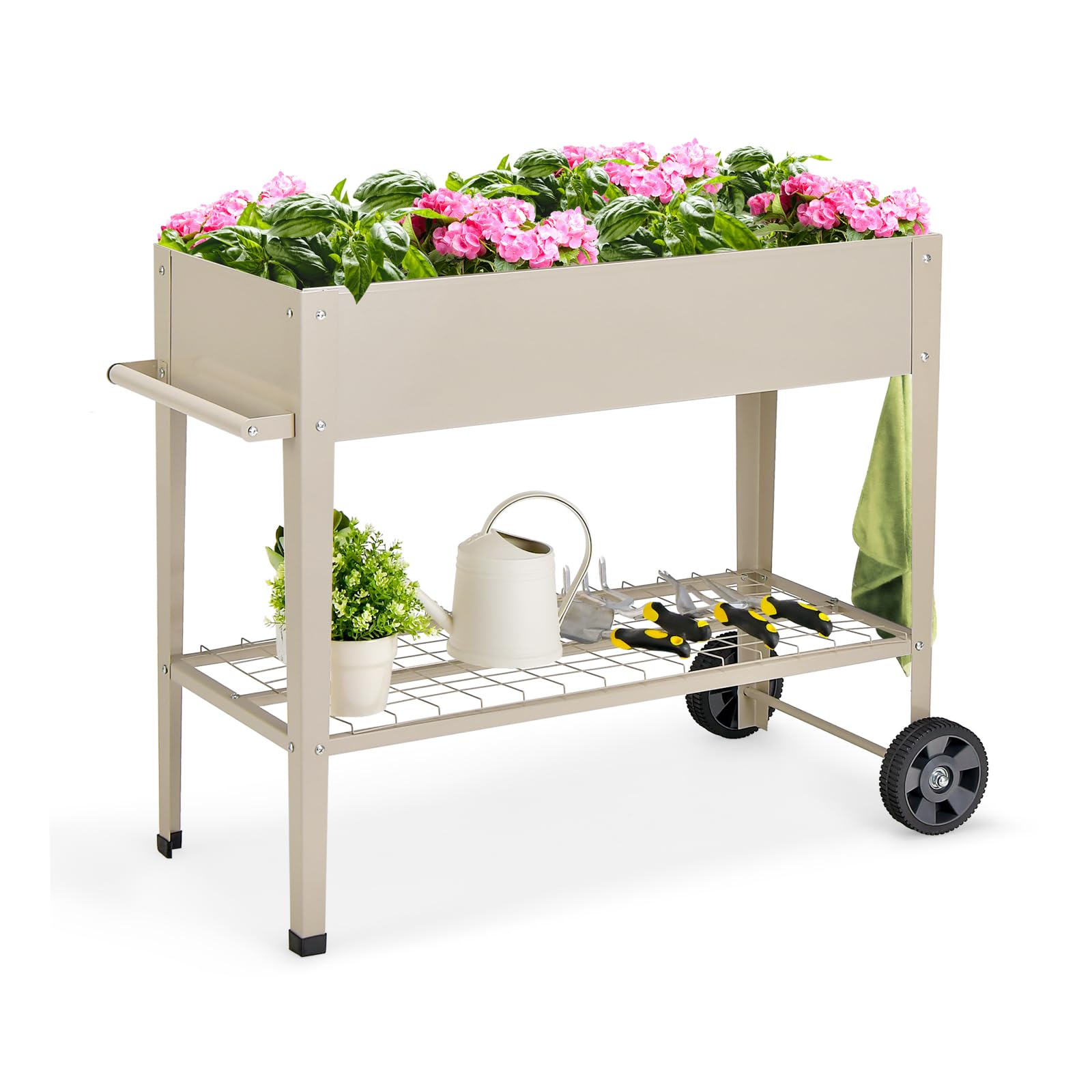 GOPLUS Jardinière Surélevé sur roulettes avec Étagère et 2 Crochets pour Outils de Jardinage, Lit de Jardin en Métal pour Légume, Herbe, Carré Potager Extérieur pour Jardin, Balcon (Blanc)