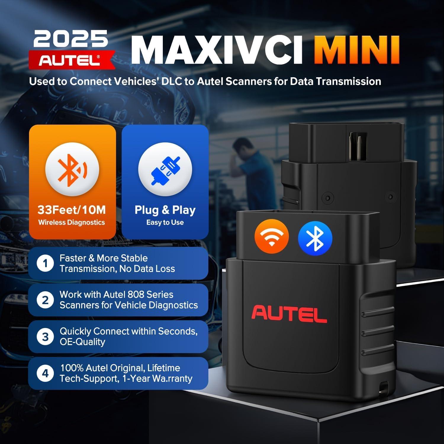 Autel MaxiVCI VCI Mini Interfaz Diagnóstico Inalámbrico, Dongle Inalámbrico Vehículo Más Nuevo 2025, Funciona con Autel MaxiCOM MK808BT Pro MP808BT Pro MK808S-TS MX808S-TS MP808S-TS MK808TS MP808TS