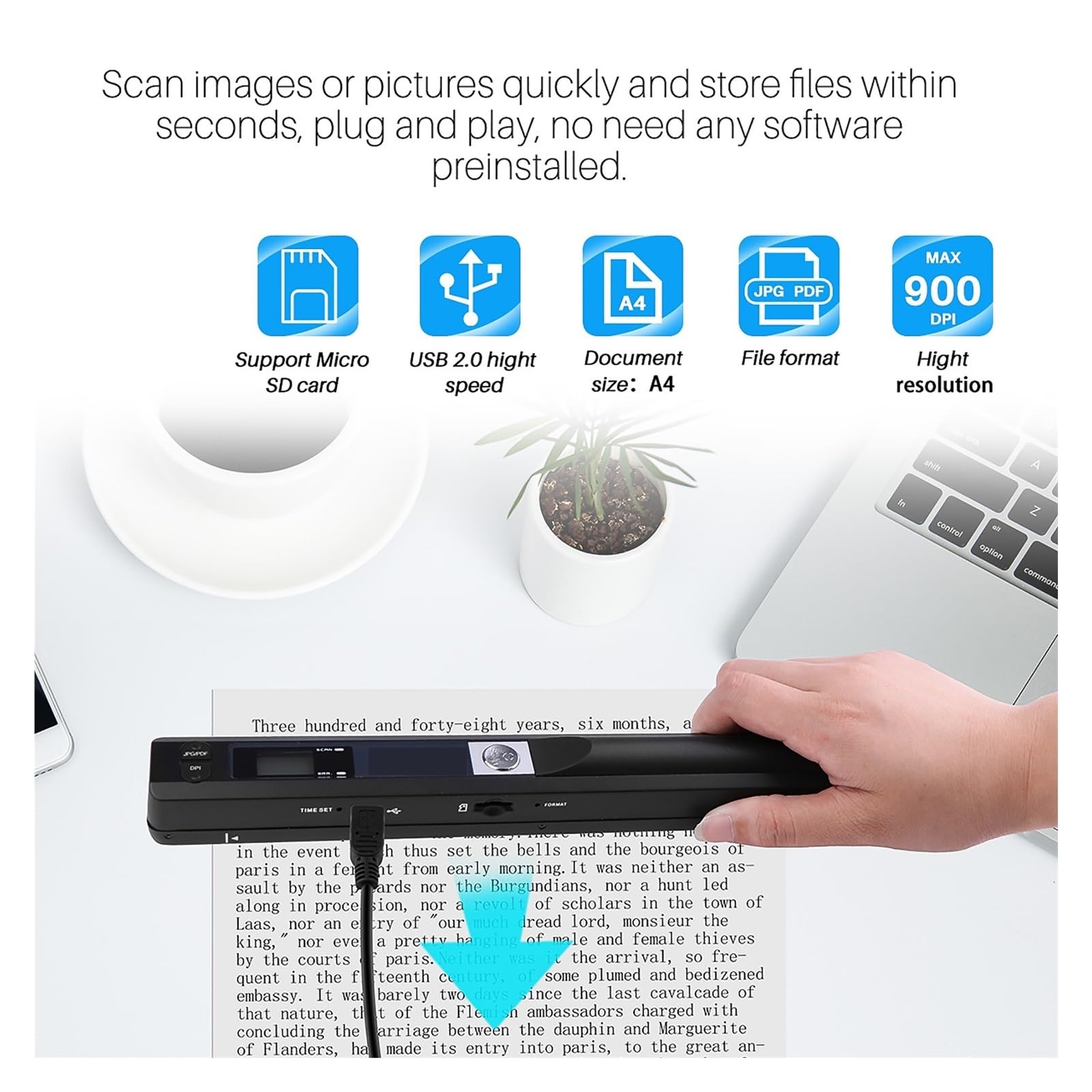 Scanner per Documenti Scanner Portatile Creativo con Immagini di Documenti A4, Scanner USB 2.0 da 900 DPI, Supporta Il Formato JPG/PDF(Blauw)