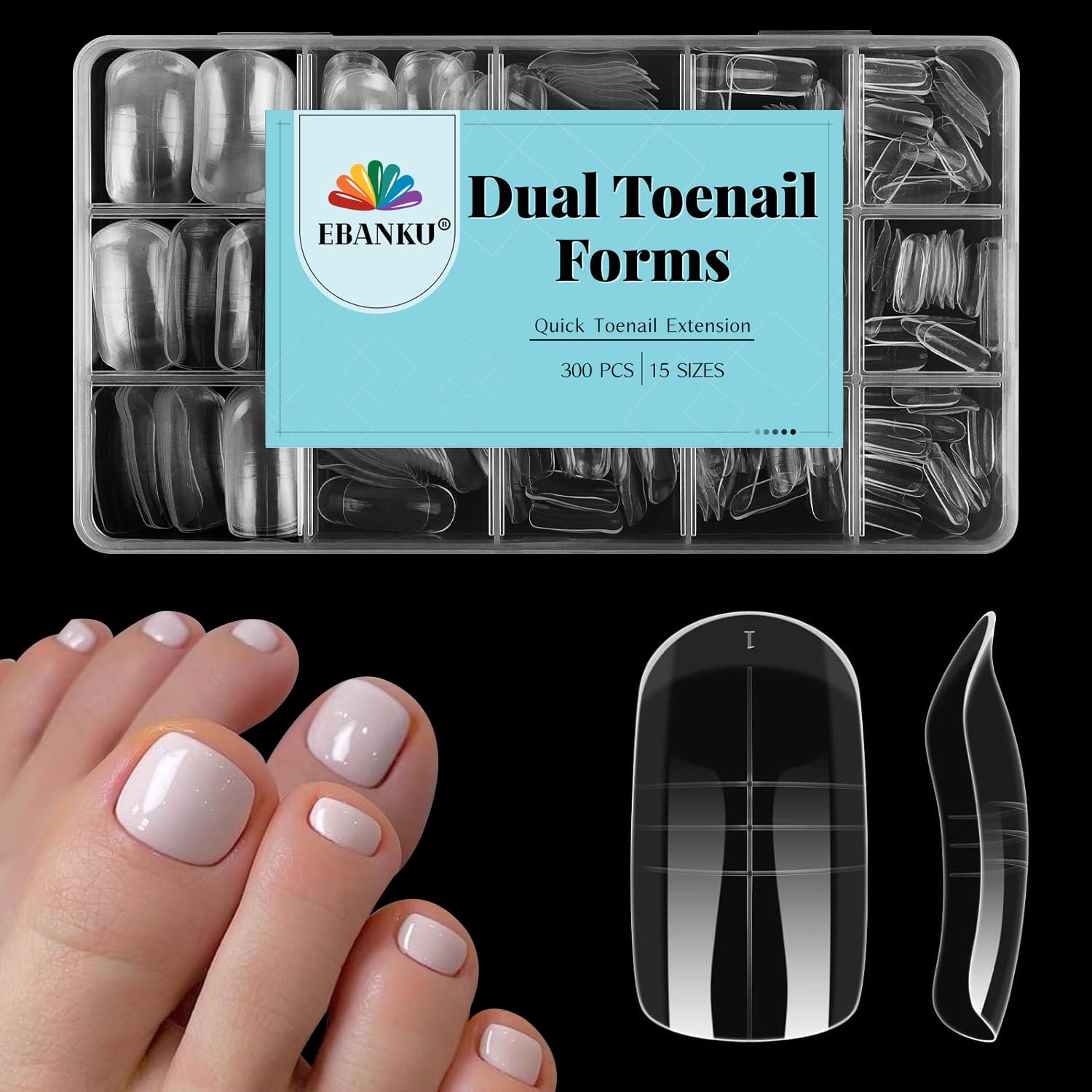 EBANKU 300 sztuk foremek do paznokci z żelu poli do paznokci, długie, kwadratowe, podwójne, do pedicure, wielokrotnego użytku, pełne szablony do przedłużania palców z poliżelu/akrylu, 15 rozmiarów