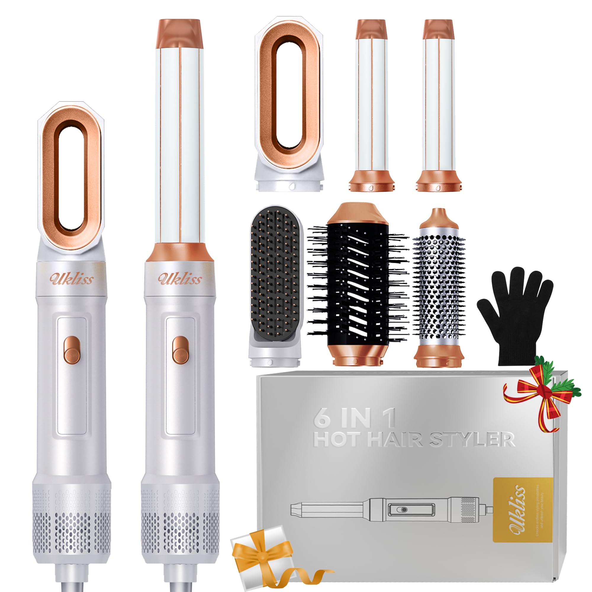 UKLISS Spazzola ad Aria Calda, Hair Styler 6 in 1 Set con Asciugacapelli Ionico, Arricciacapelli Automatico, Hair Dryer, Thermal Brush, Hair Straightener, Set Regalo per Donne Ricci, Lisci - Bianco