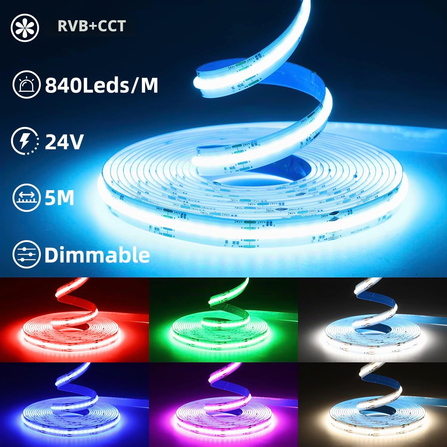 Arotelicht Bande LED COB RGB CCT 5M 24V, WIFI Kit de Bande LED 840LEDs/M