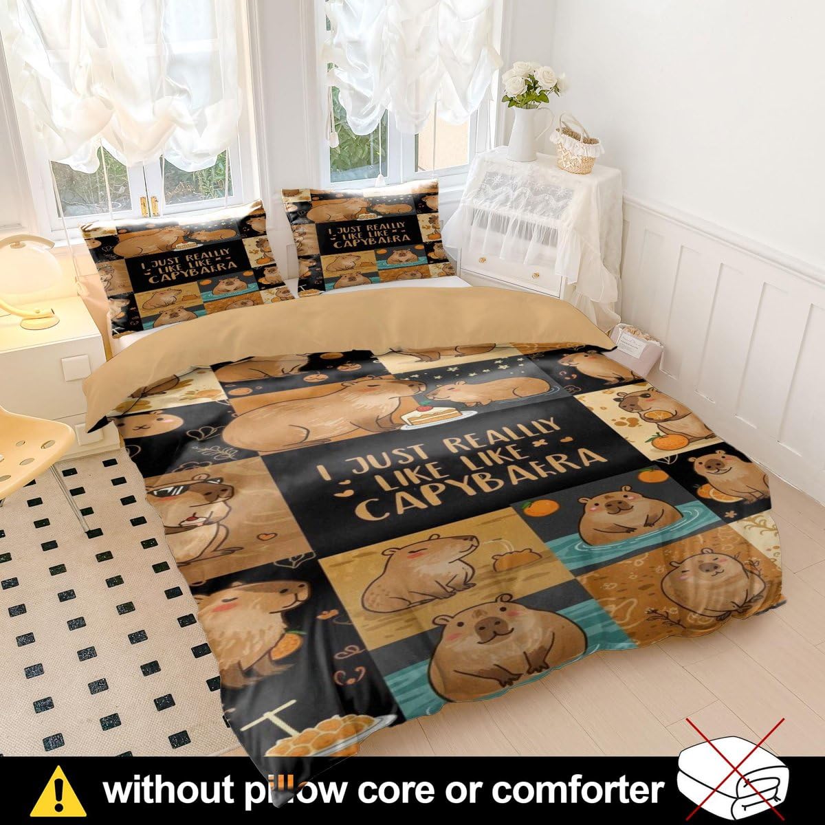 Set di biancheria da letto per letto singolo, copripiumino con federe con stampa floreale e animali in stile cartone animato, regali divertenti con capibara, 3 pezzi copripiumino (01, singolo 135 x