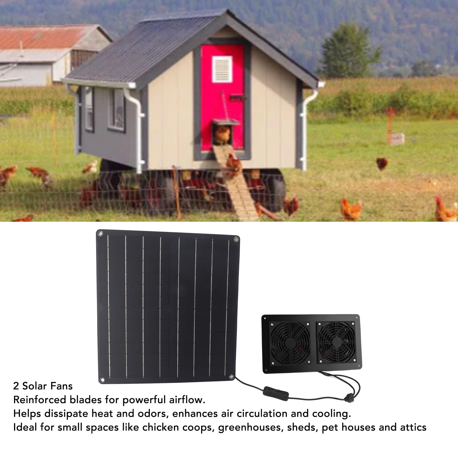 Tissting Kit Ventilatore Solare, Doppio Estrattore 12V 20W con Pannello e Interruttore, Ventilazione per Pollaio Serra Casetta Animali