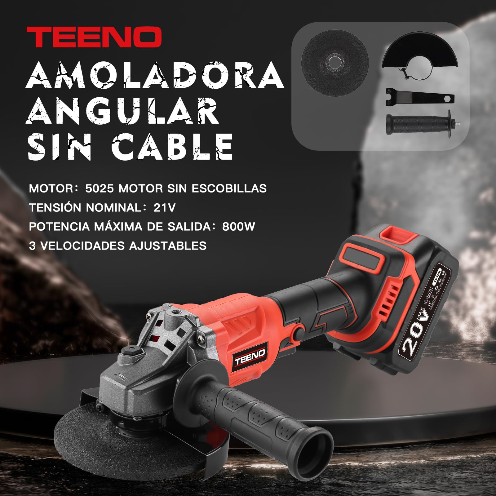TEENO Juego de Herramientas Eléctricas 3 Piezas: Llave de Impacto Sin Escobillas + Taladro Percutor a Bateria + Amoladora Angular Sin Escobillas, 2x Batería 20V, Ideal para Hogar y Reparación de Coche