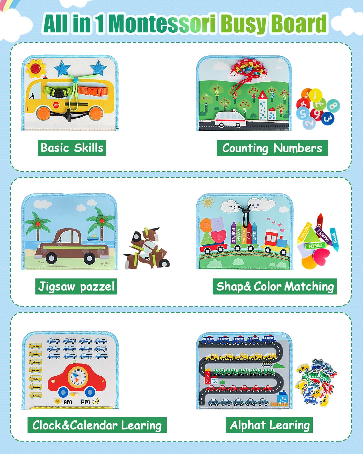 Primo Lines Busy Board Montessori Toys for 1 2 3 4 Year Old Boy,Busy Book Educational Activities for Learning Fine Motor Skills,Travel Toys for Airplane Car