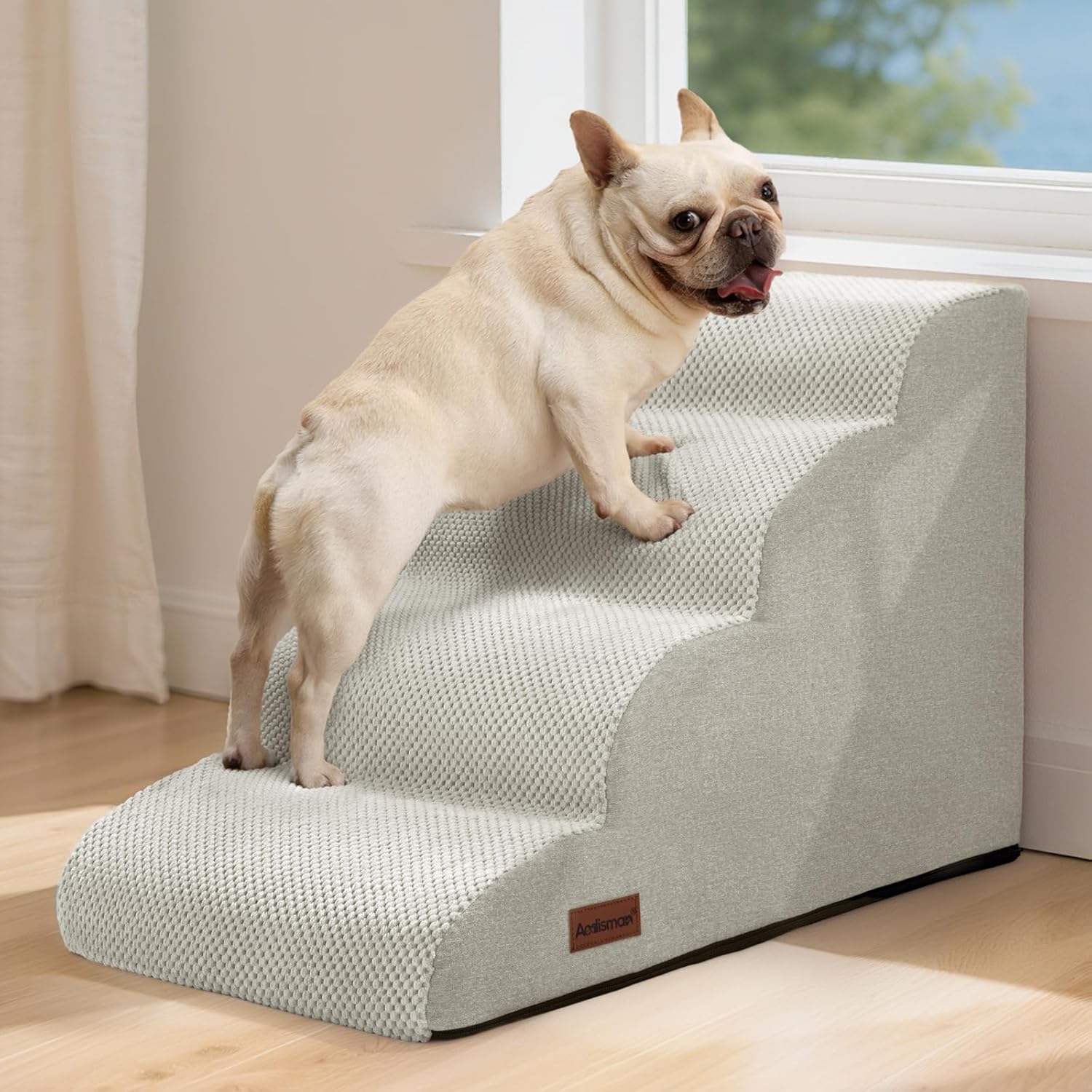 Aodisman Dog Steps for Bed and Couch,4-Step Dog Stairs and Ramp for Small Dogs & Cats,Indoor Anti-Slip Pet Stairs for Old Cats and Puppy,Light Grey